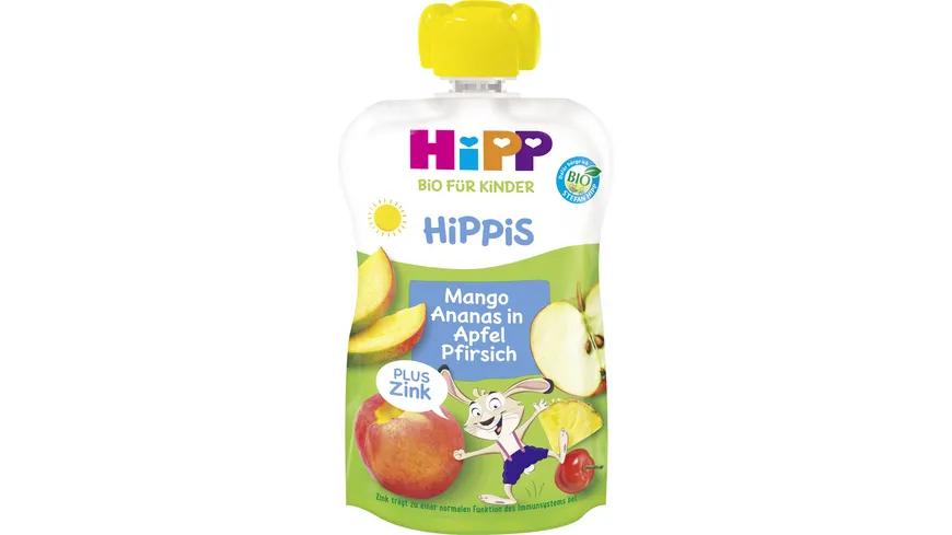 HiPP Bio für Kinder HiPPiS Frucht Plus Mango Ananas in Apfel Pfirsich plus Zink 100 g
