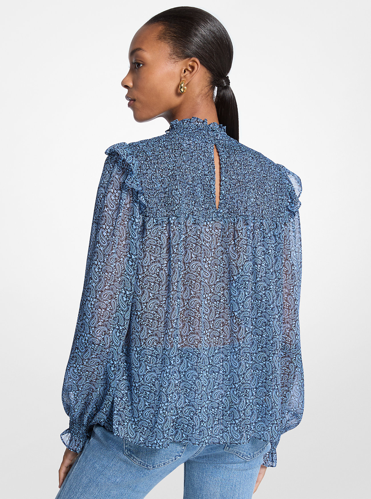 Metallisk paisley-trykk smocked georgette-bluse - FRENCH BLUE