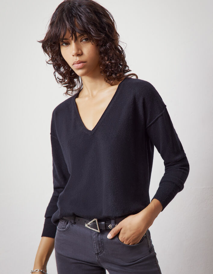 Pull noir en cachemire pointelles motifs chevrons femme