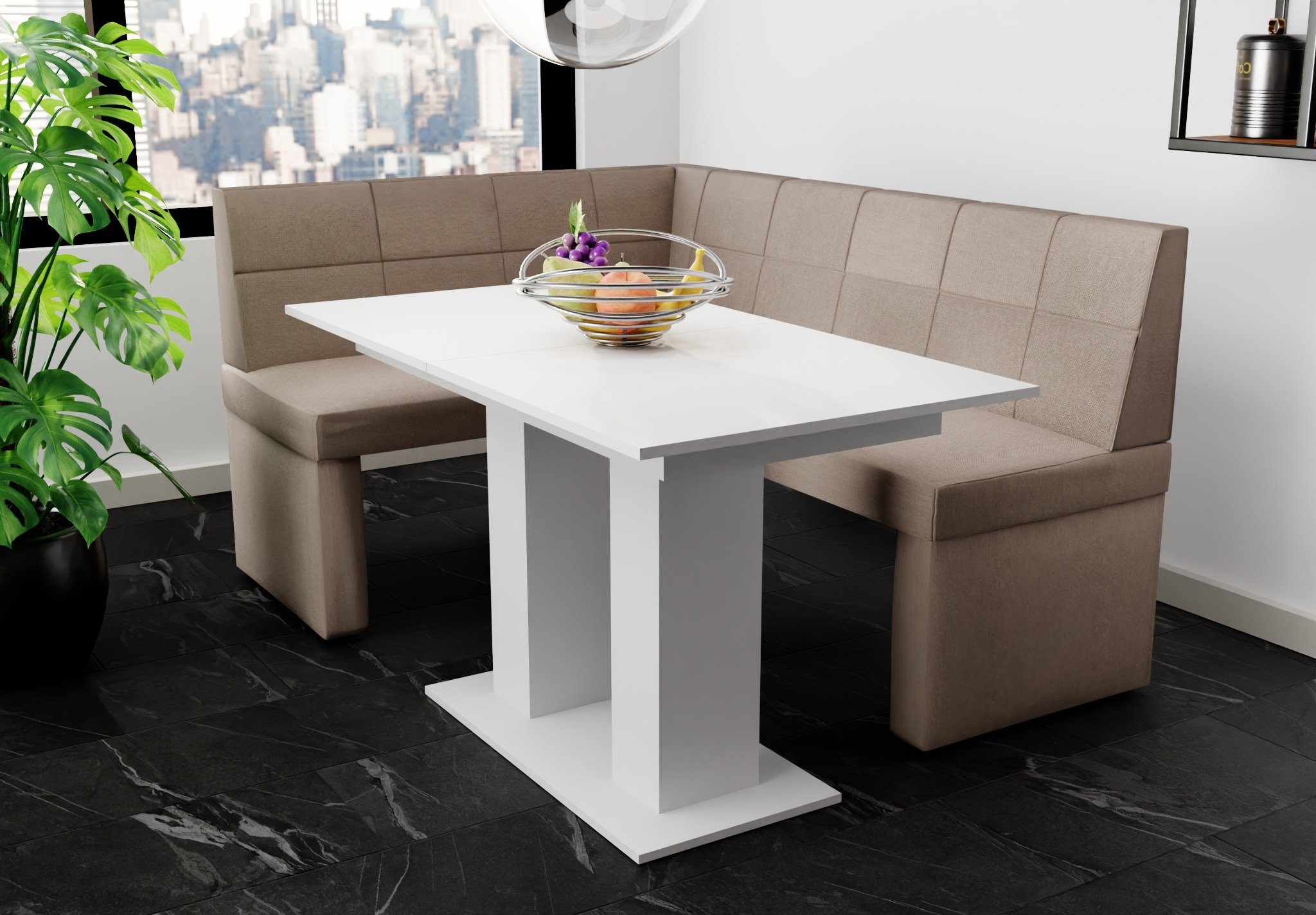 Fun Möbel Eckbankgruppe Eckbankgruppe „BLAKE“ Größe 168x128cm mit Tisch Weiß matt, ausziehbarer Tisch