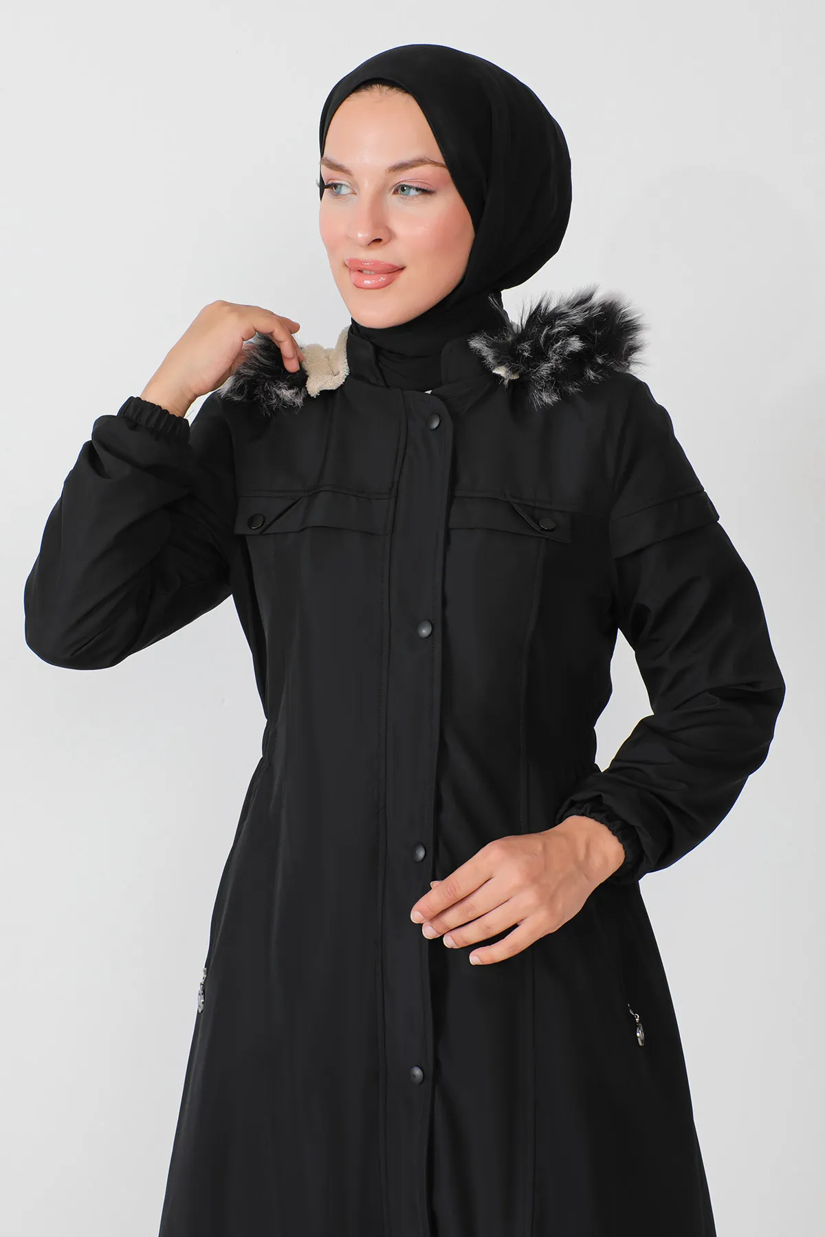Tesettür Dünyası  Mantel mit elastischer Taille TSD230818 Schwarz