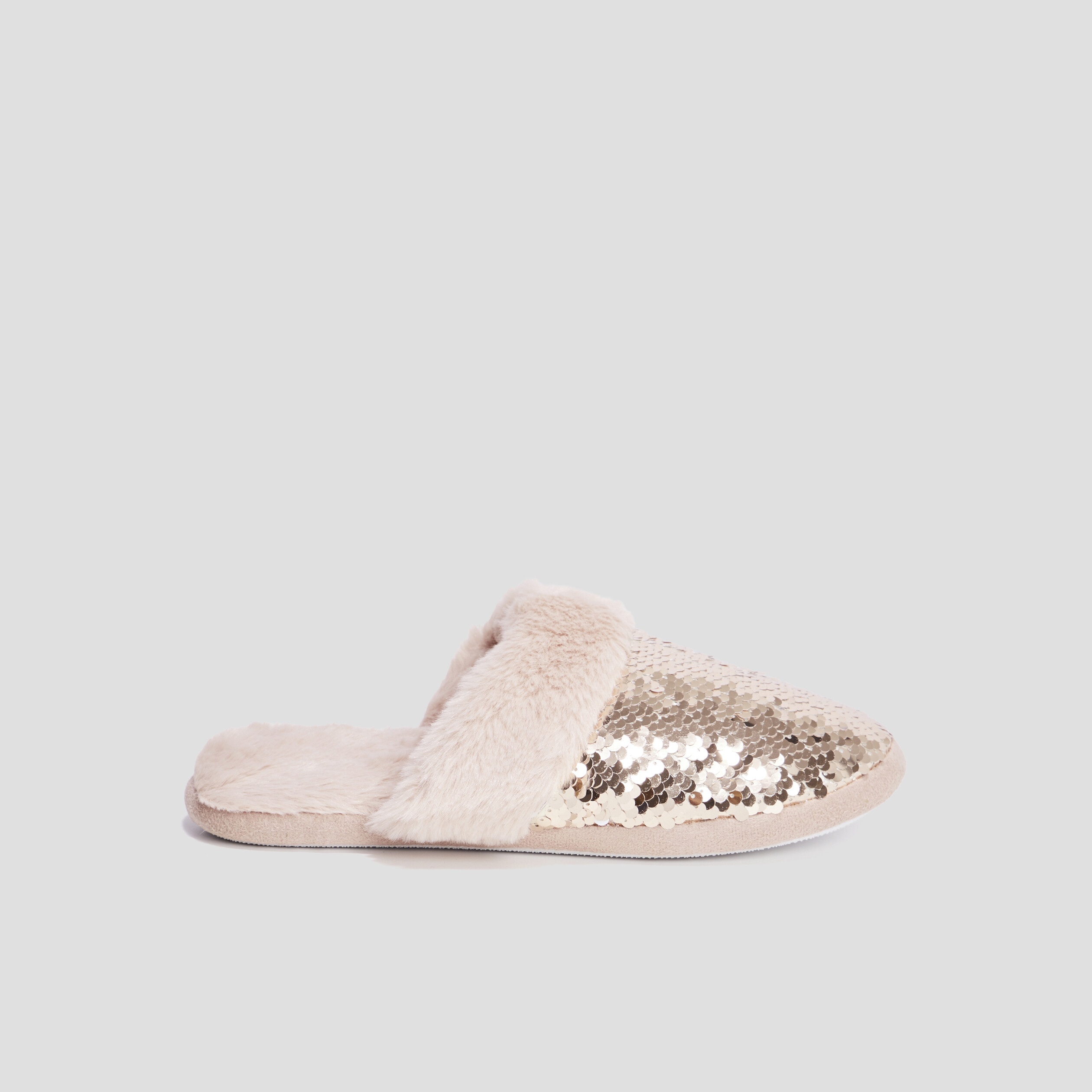 Chaussons mules sequins et fourrure jaune or femme | La Halle