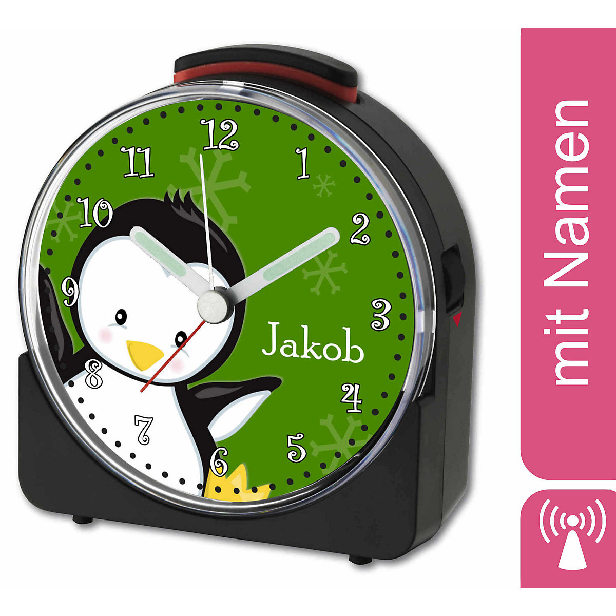 Kinder Funkwecker weiß personalisiert mit Namen Pinguin