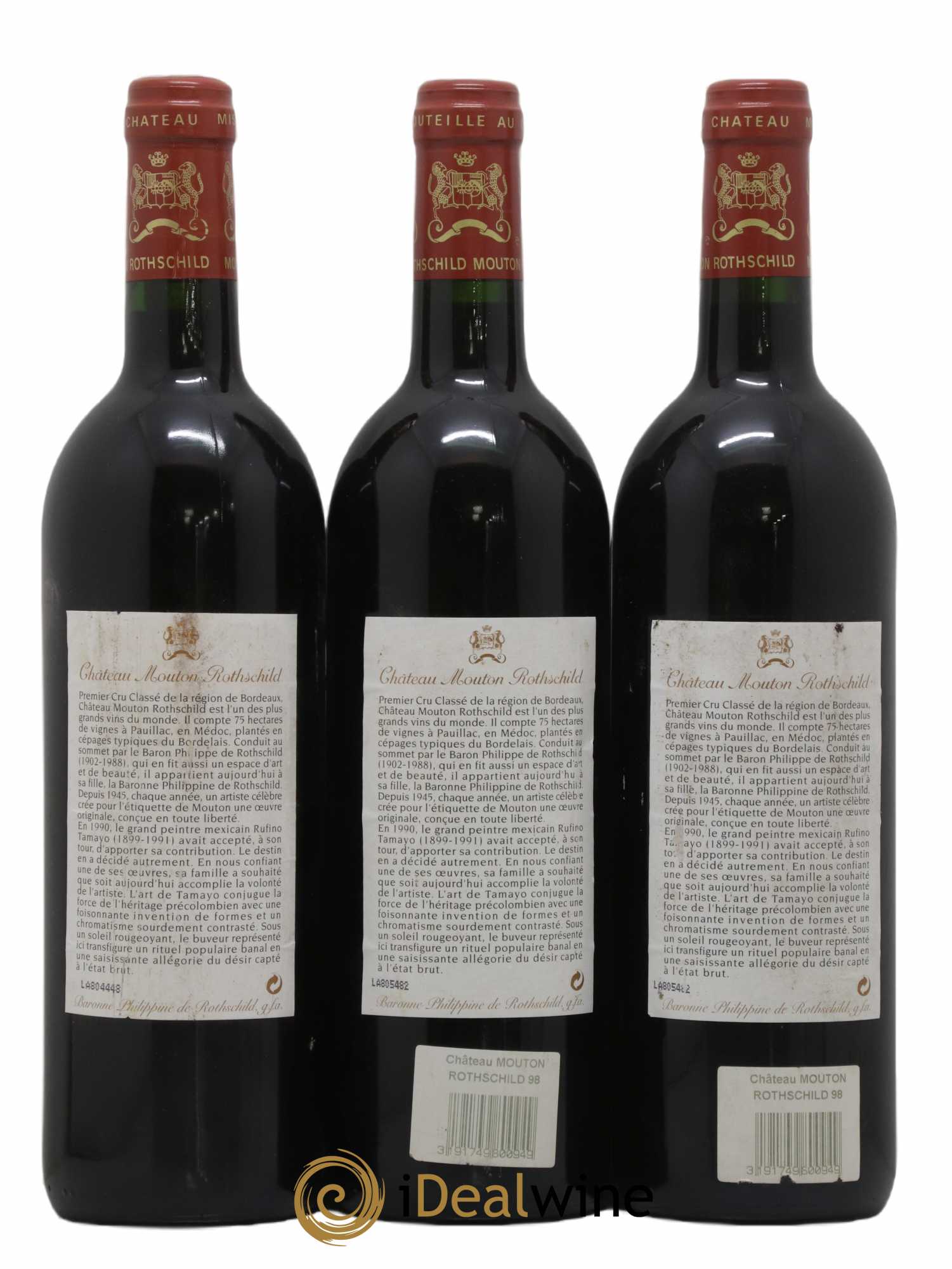 Château Mouton Rothschild 1er Grand Cru Classé  1998 - Lot de 3 Bouteilles