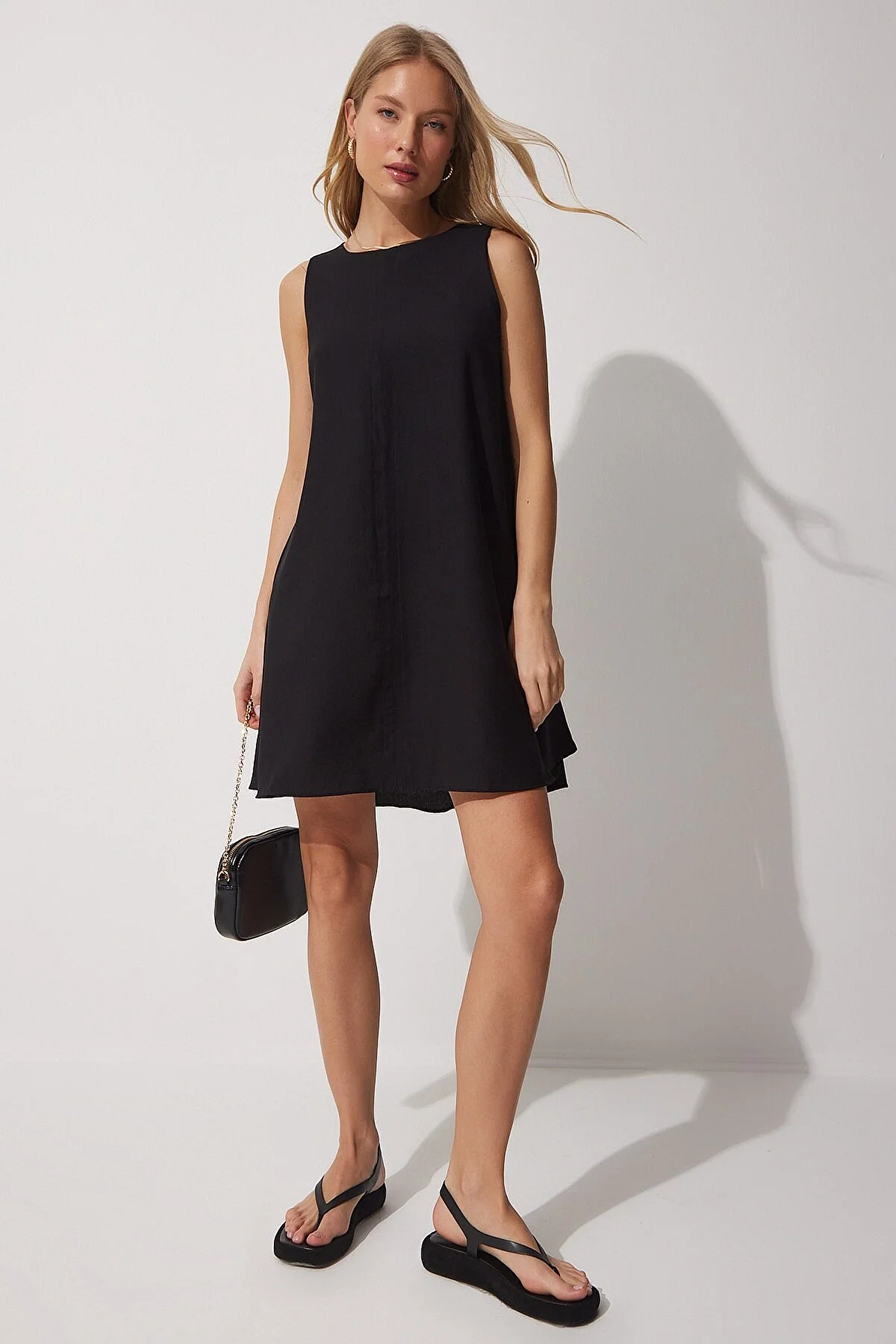 Happiness İstanbul  Schwarzes gewebtes A-Linien-Sommerkleid für Damen BF00067