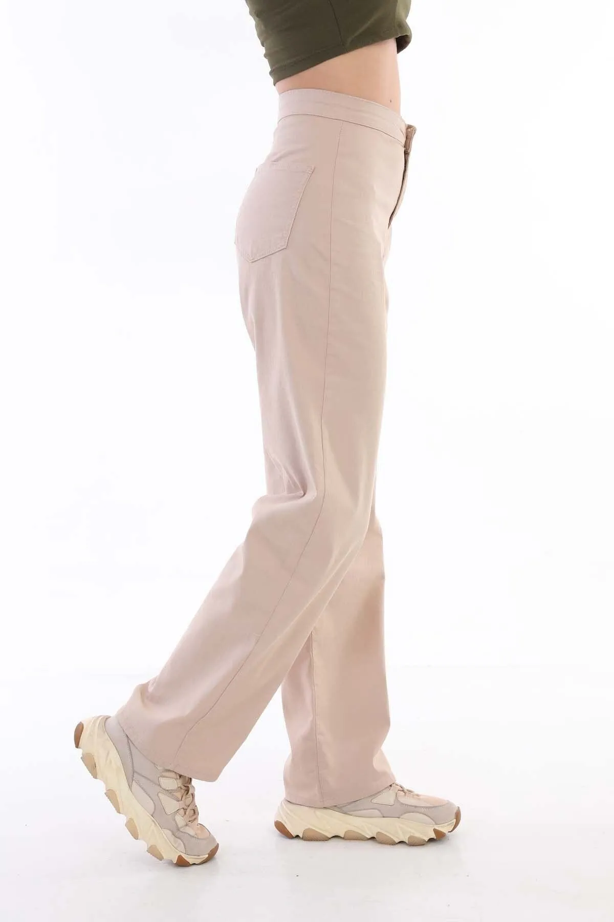 BİKELİFE  Beigefarbene Lycra-Palazzo-Hose mit hoher Taille für Damen