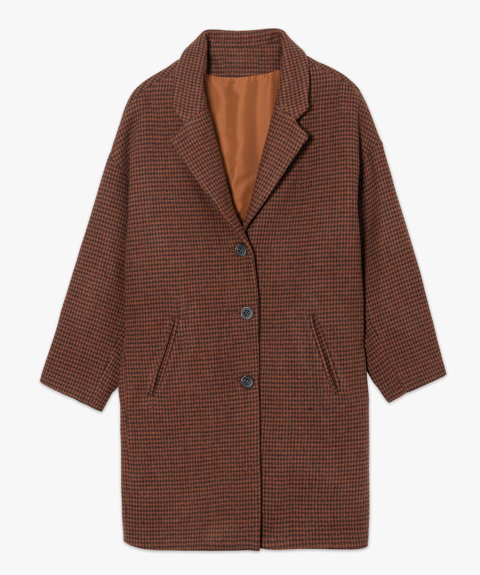 Manteau femme en drap de laine motif pied-de-poule orange | GEMO