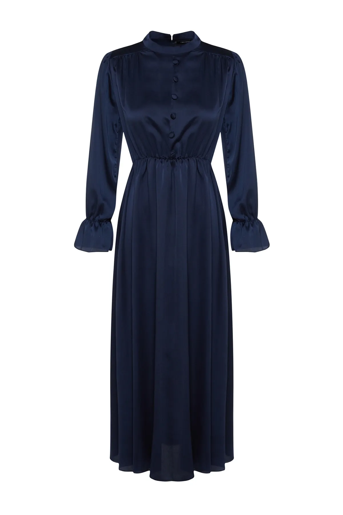 Trendyol Modest  Indigo Brit Detailliertes Satingewebe-Abendkleid TCTSS22EB0090