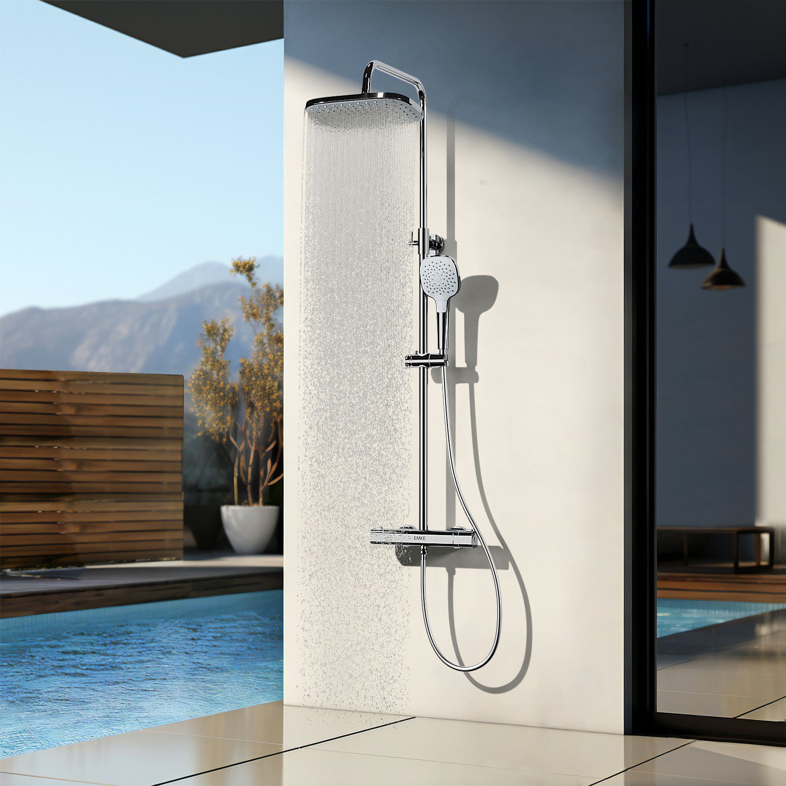 EMKE Duschsystem Duschset mit Theramostat Regendusche Handbrause, 3 Strahlart(en), 38℃ Thermostat Duschsäuleset, Quadratisch, Chrom