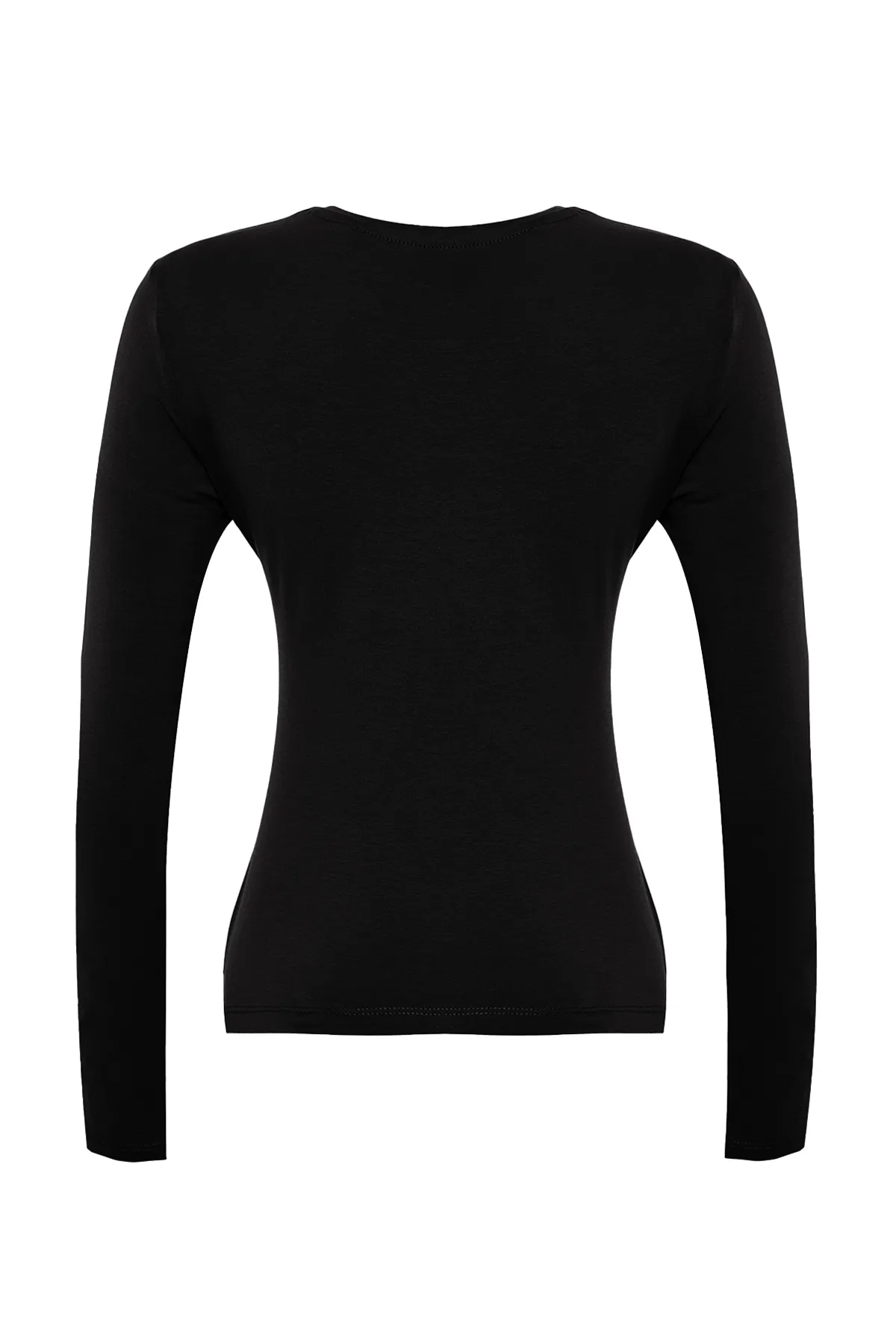 Trendyol Collection  Schwarze Strickbluse aus Baumwolle mit gerafftem Rundhalsausschnitt und einfachem Schlitz und detailliertem Schnitt TWOAW24BZ00388