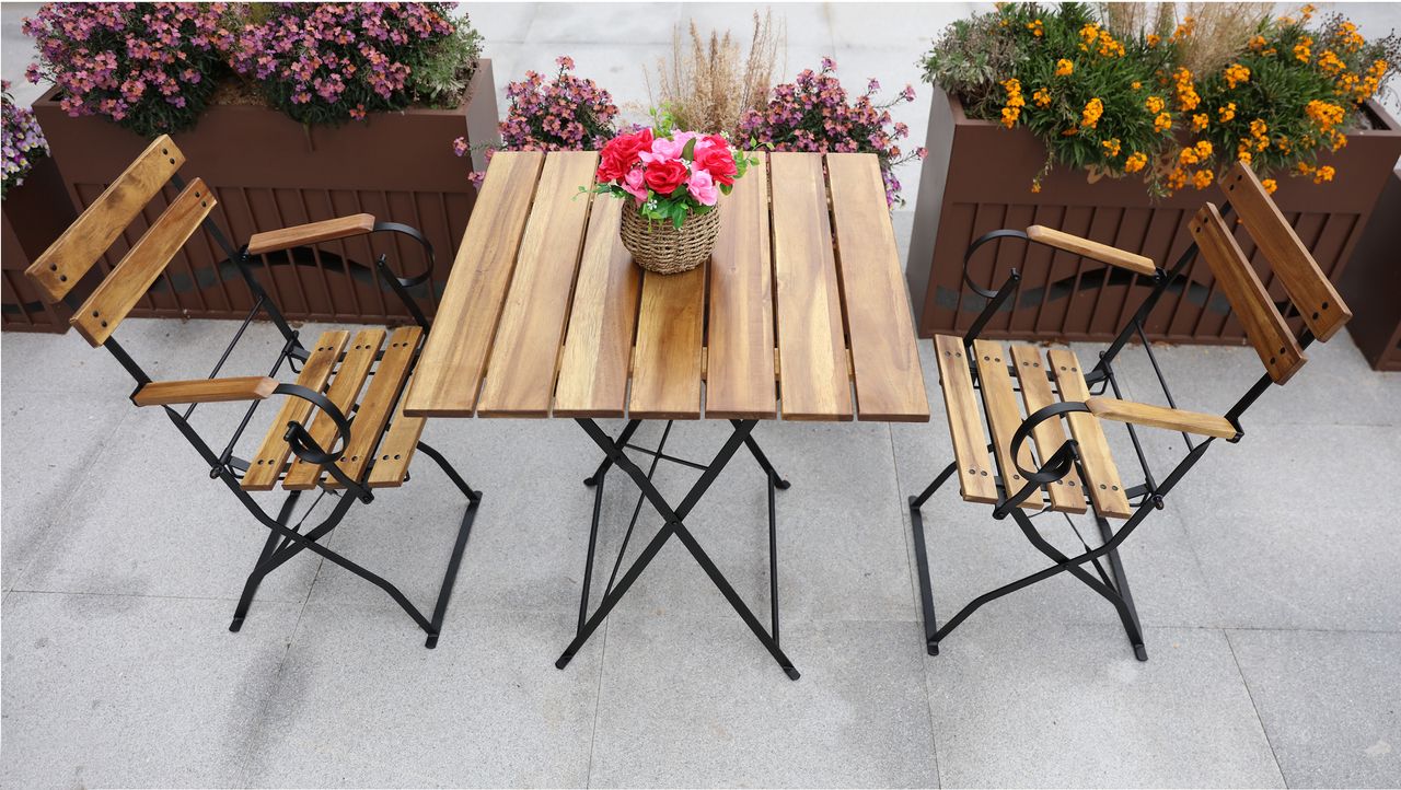 HC Garten & Freizeit Bistroset Outdoor-Klappstuhl-Set 3tlg., 2-Sitzer mit 2 Streben aus Akazienholz