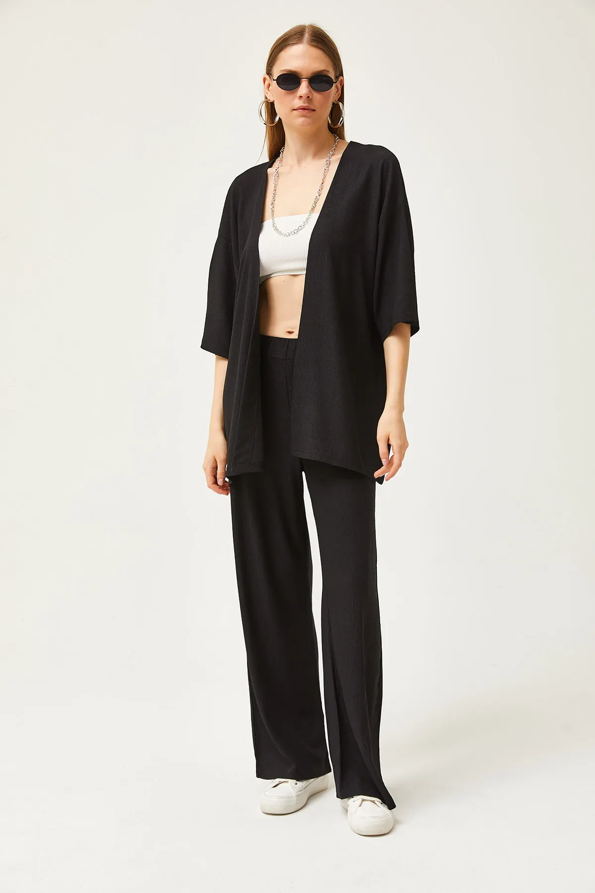 Olalook  Schwarzes Damen-Set aus Oberteil und Kimono sowie Hose TKM-19000280