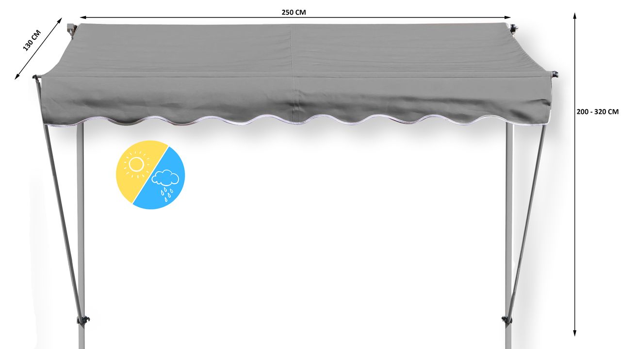 Grasekamp Klemmmarkise Ontario 255x130cm Grau Balkonmarkise höhenverstellbar von 200 cm – 320 cm