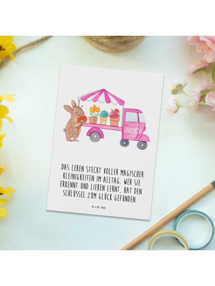 Mr. & Mrs. Panda Postkarte Osterhase Blumenwagen mit Spruch in Weiß günstig kaufen onesize