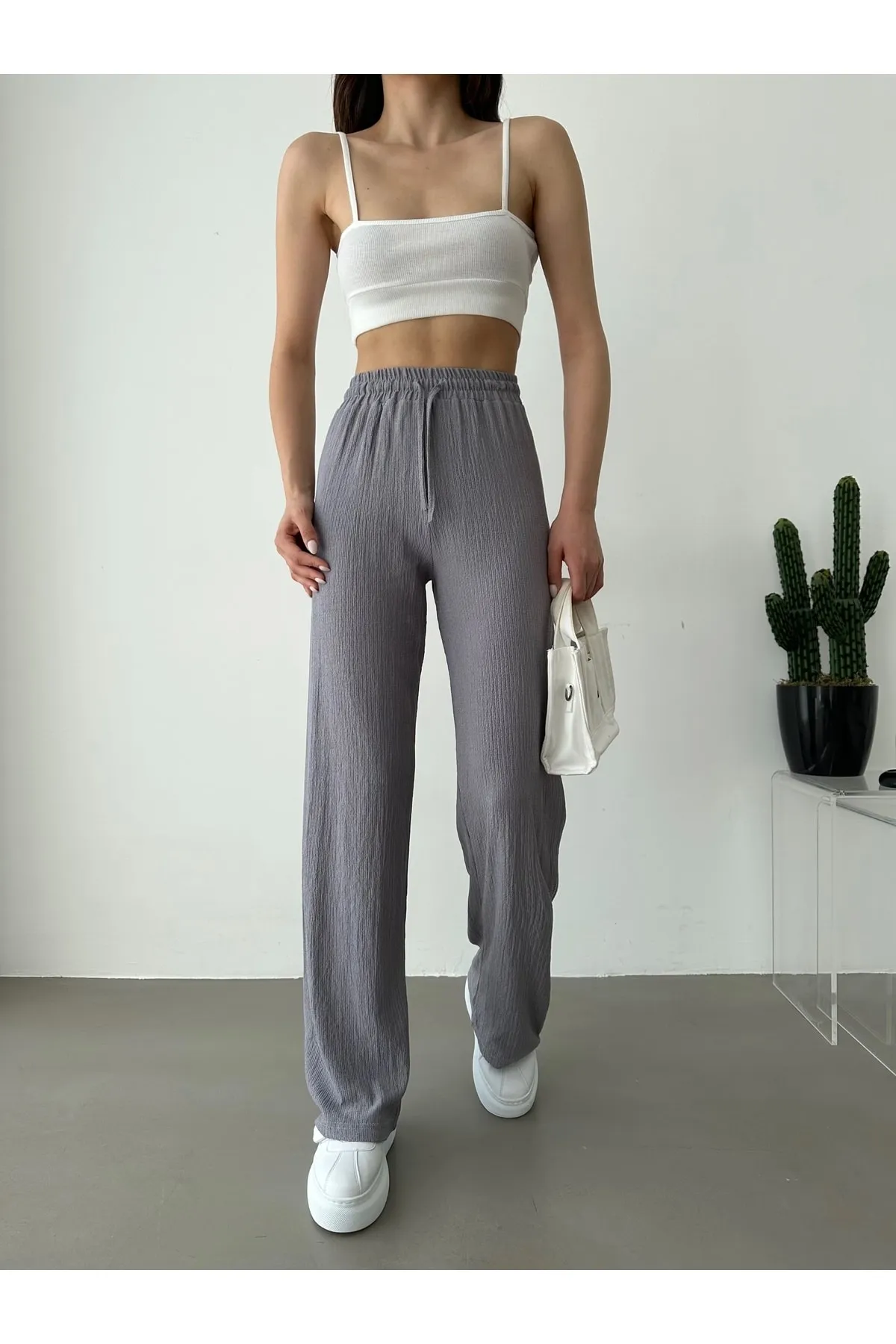 BEJNA  Graue Palazzo-Hose mit elastischem Bund für Damen