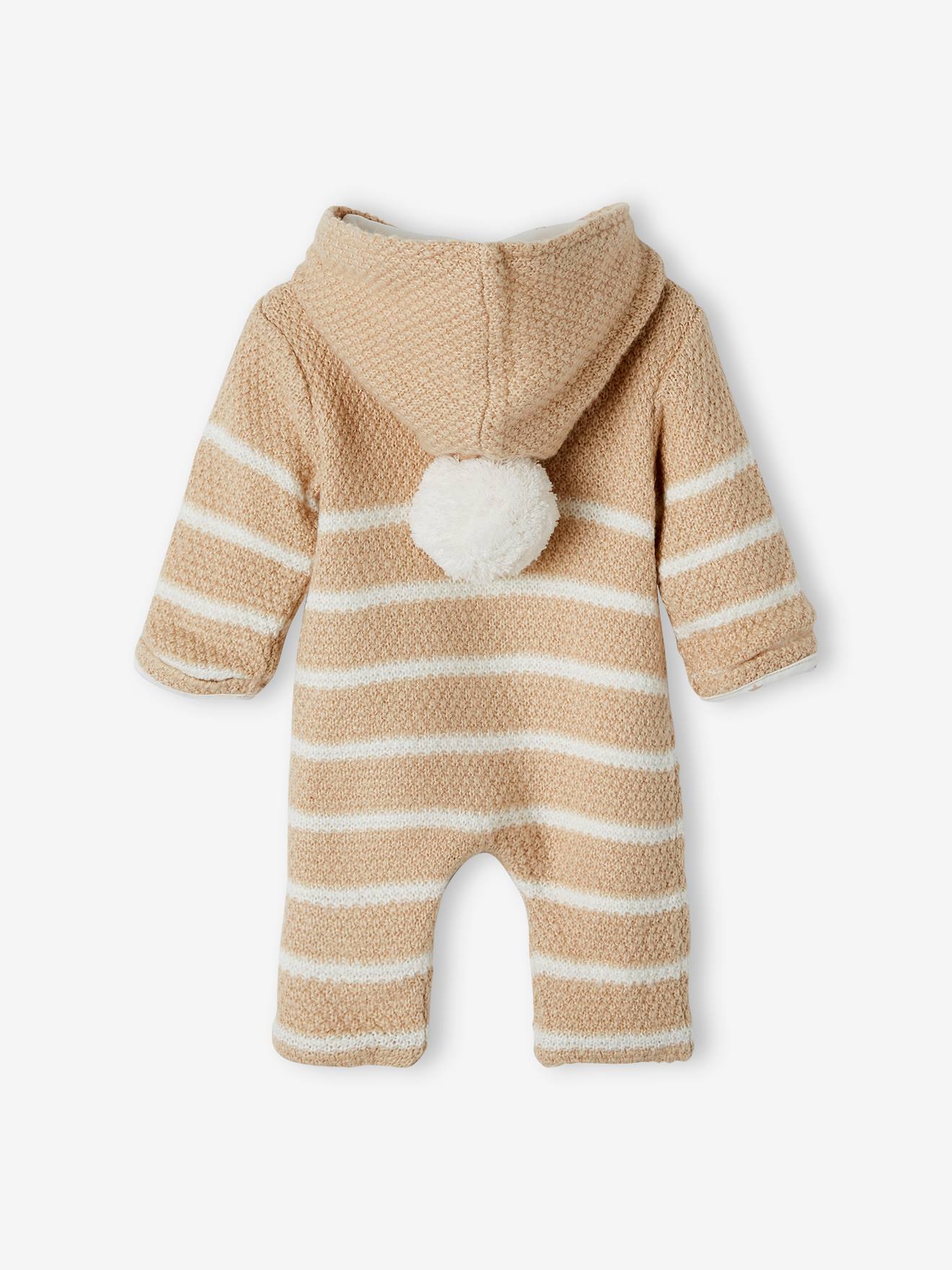 Combinaison en tricot bébé naissance doublée ivoire rayé