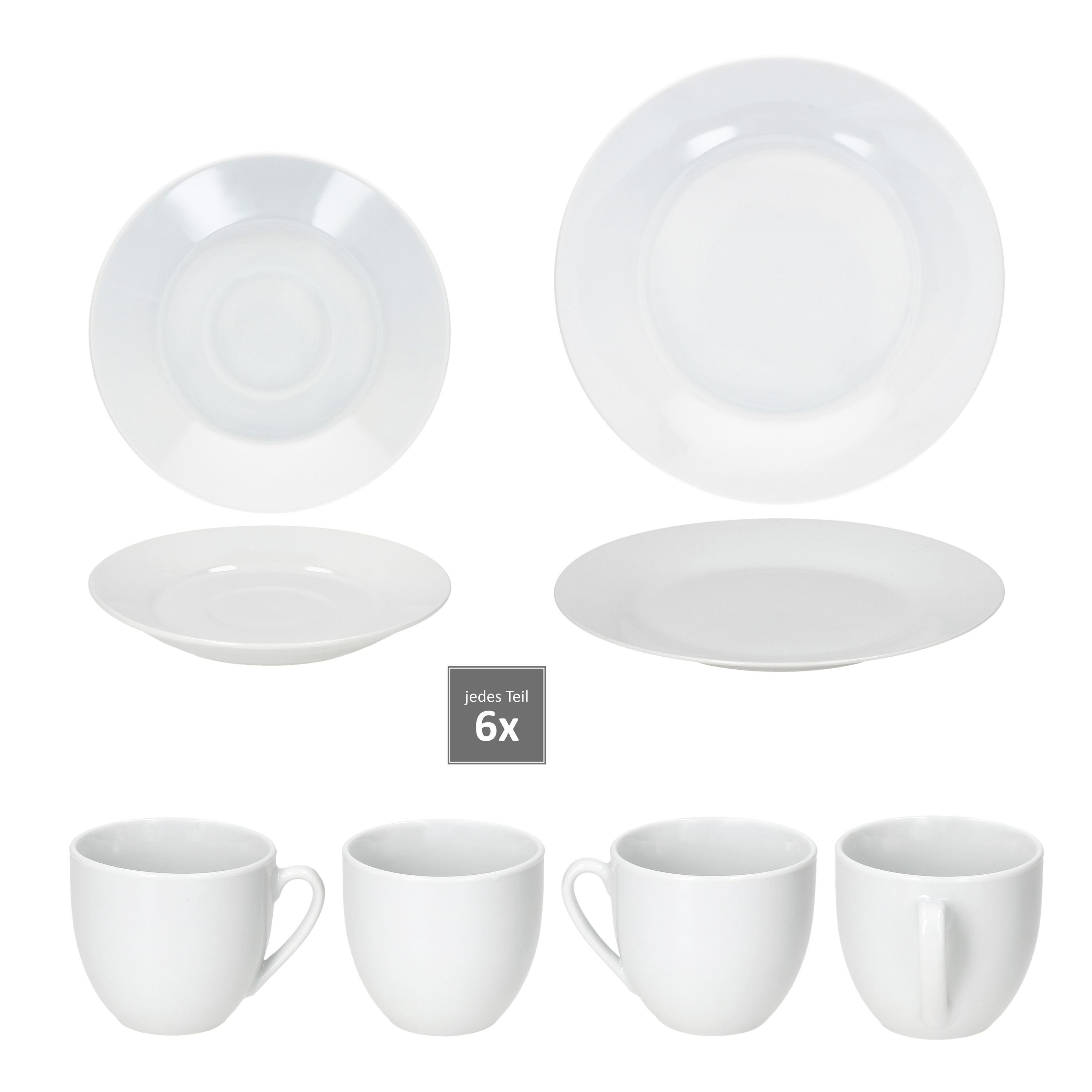 MamboCat Kaffeeservice 18tlg Kaffeeservice Tommy weiß Porzellan 6 Personen Dessertteller, Porzellan