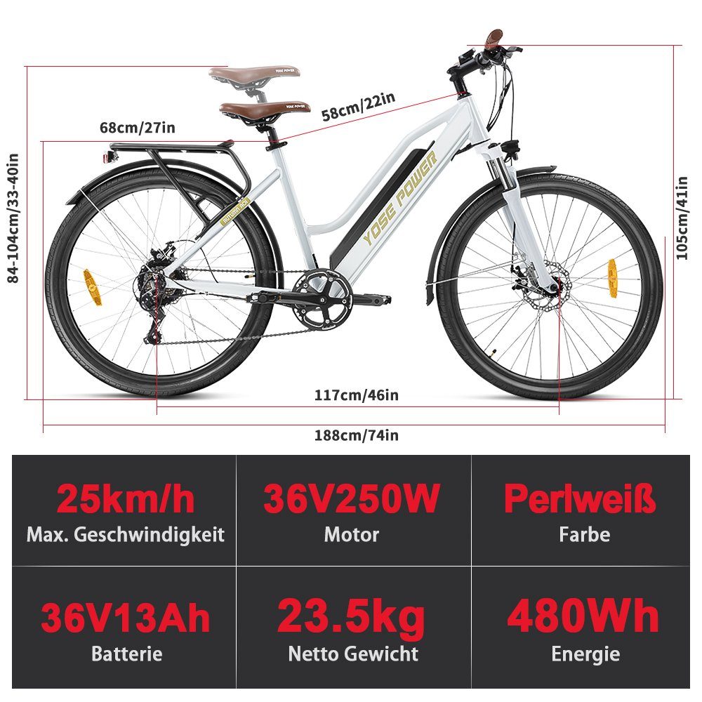 YOSE POWER E-Bike 27,5 Zoll City Bike Elektrofahrrad mit 36V 13Ah 480Wh, 7 Gang SHIMANO, Kettenschaltung, Heckmotor, 480,00 Wh Akku