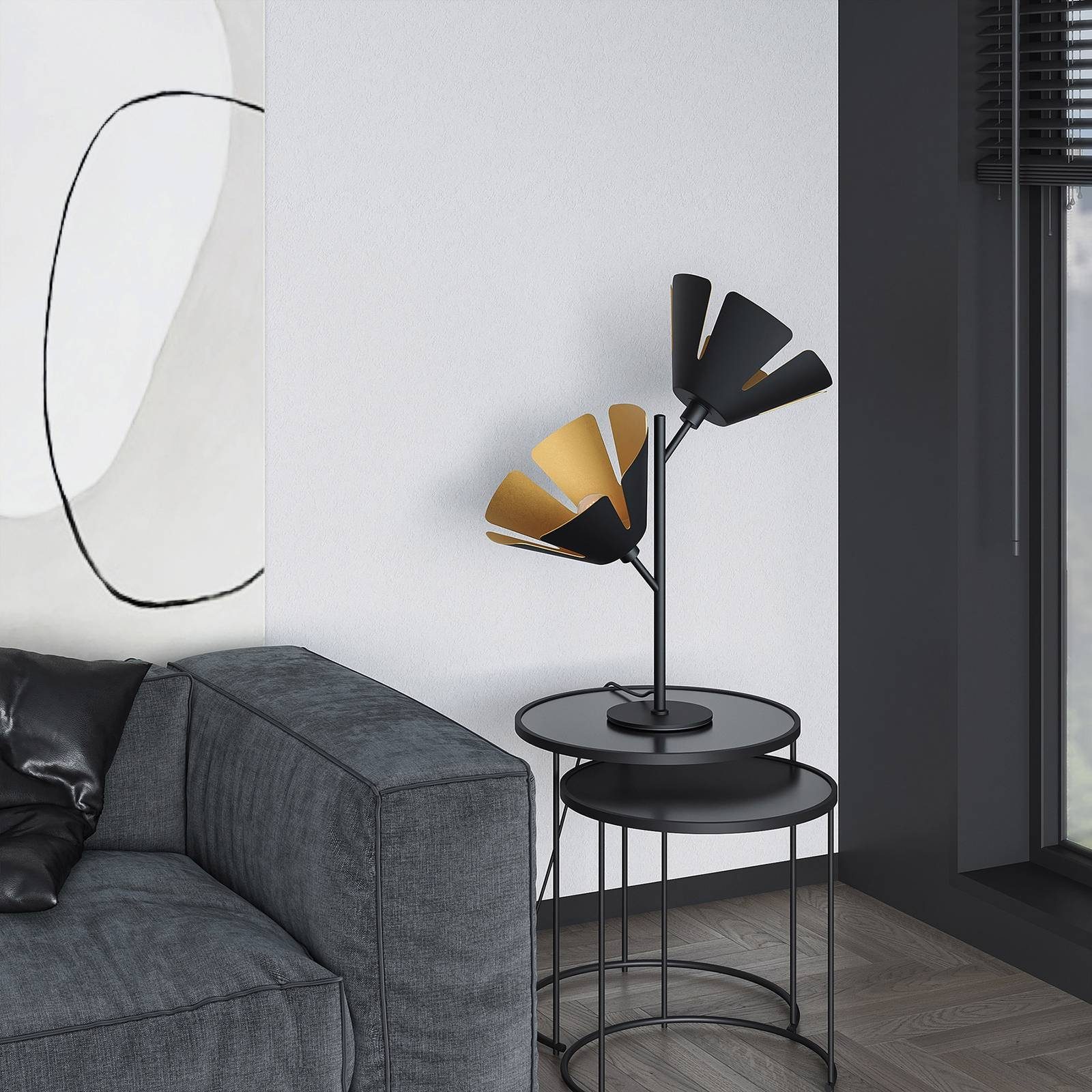 Lucande Tischleuchte Jemmily, Leuchtmittel nicht inklusive, Design, Stahl, Aluminium, Schwarz, gold, 2 flammig, E14, Designer