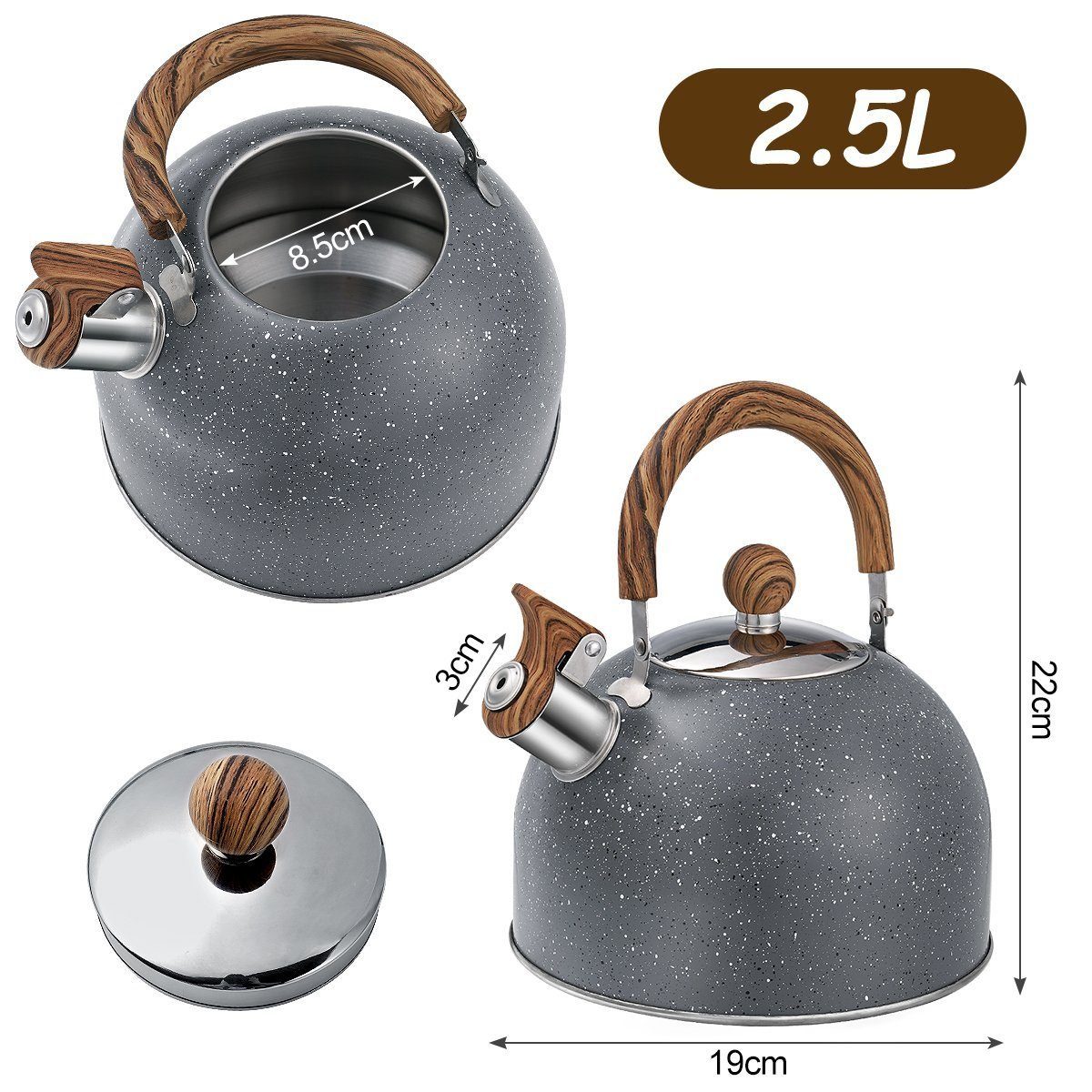 Hikeren Wasserkessel Flötenkessel,2.5L Edelstahl Wasserkocher Induktion,22*19cm,Grau