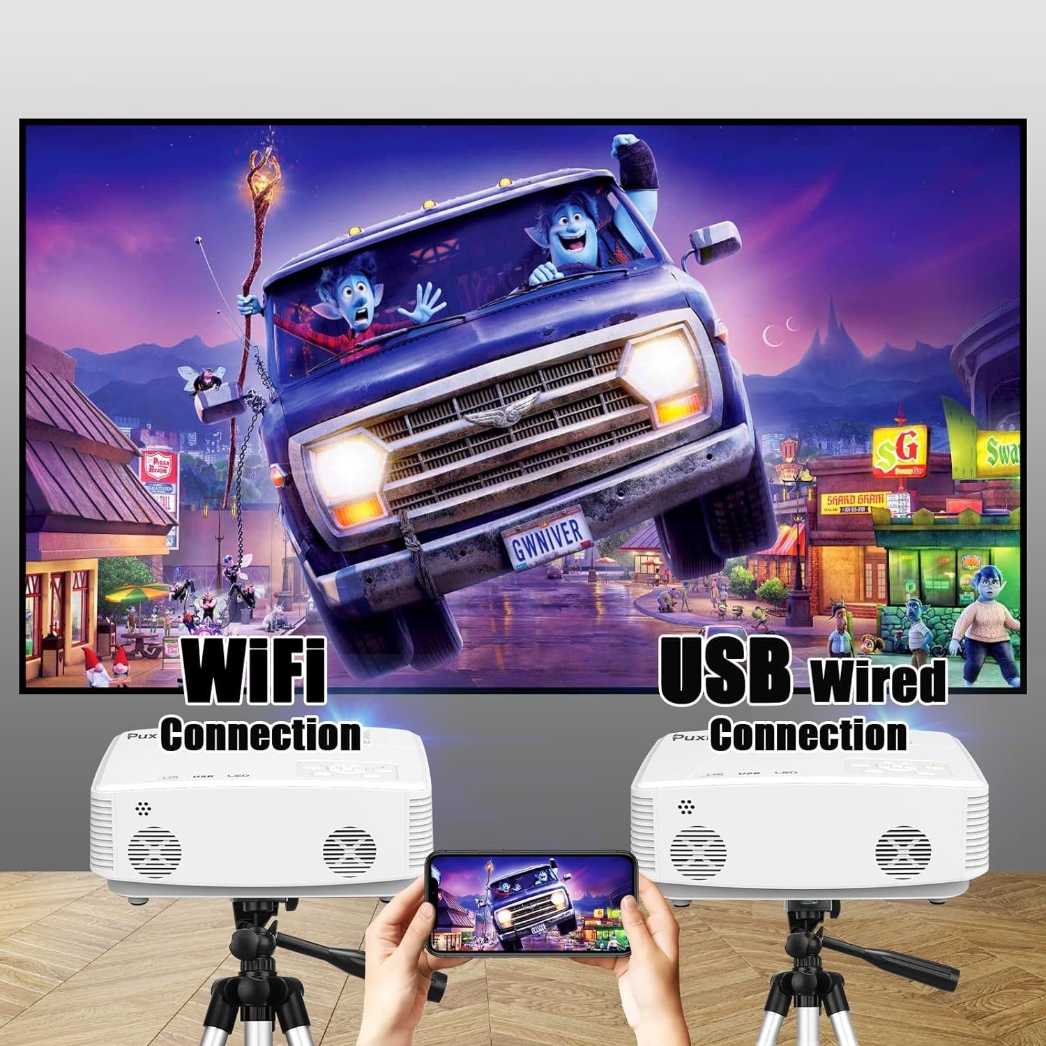 Puxinat Portabler Projektor (10000 lm, 1920 x 1080 px, 1080P Full HD 200 ANSI 10000 Lumen 270 Display Tragbarer Projektor)