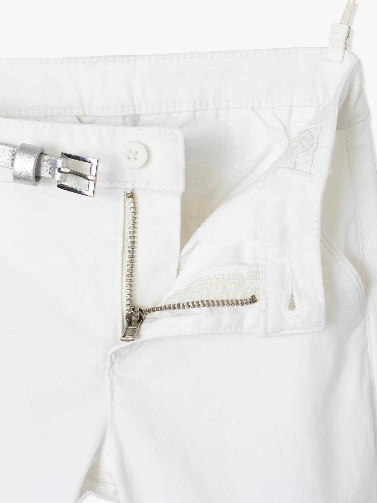 Pantalon chino fille en satin de coton et sa ceinture irisée blanc