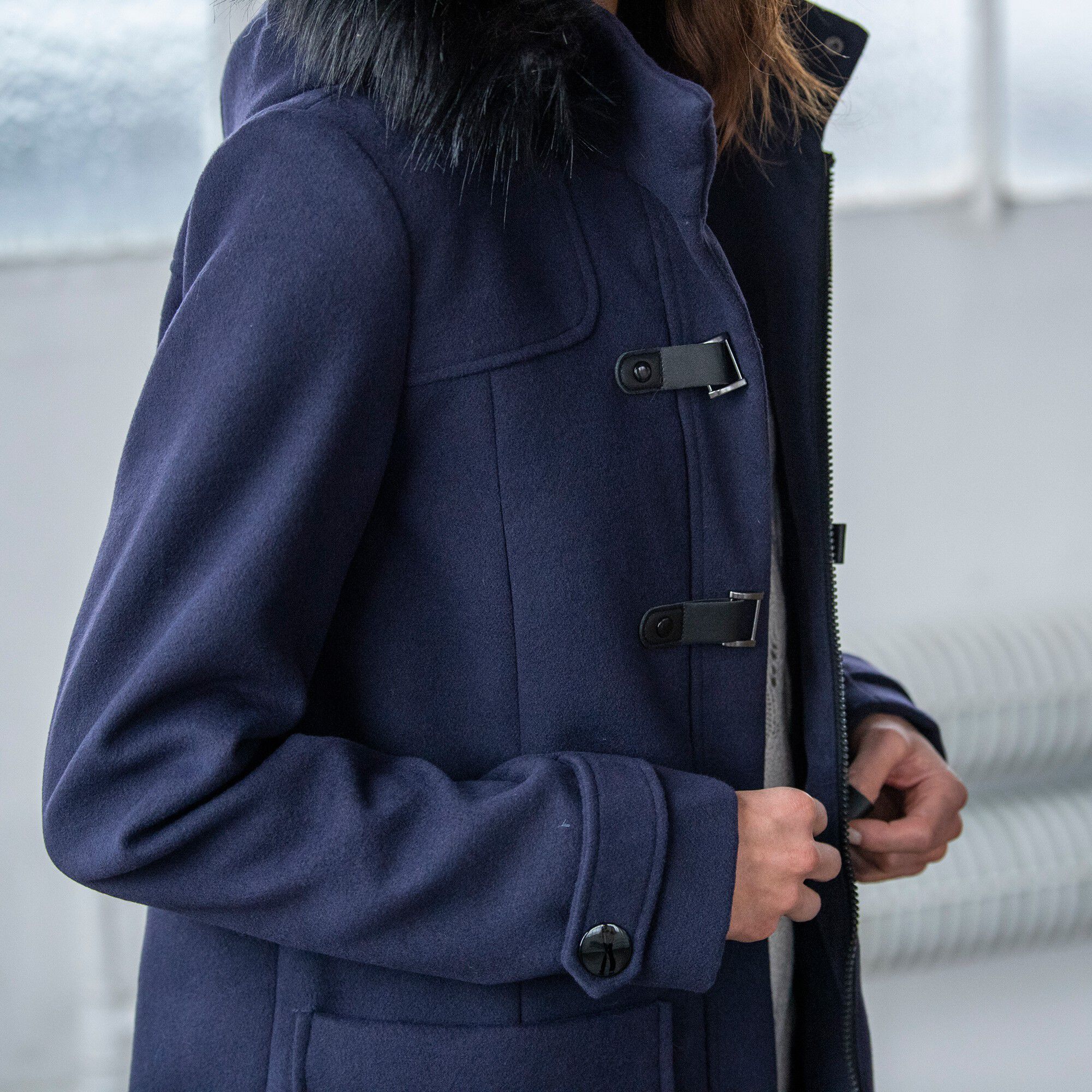 Duffle-coat capuche fausse fourrure uni