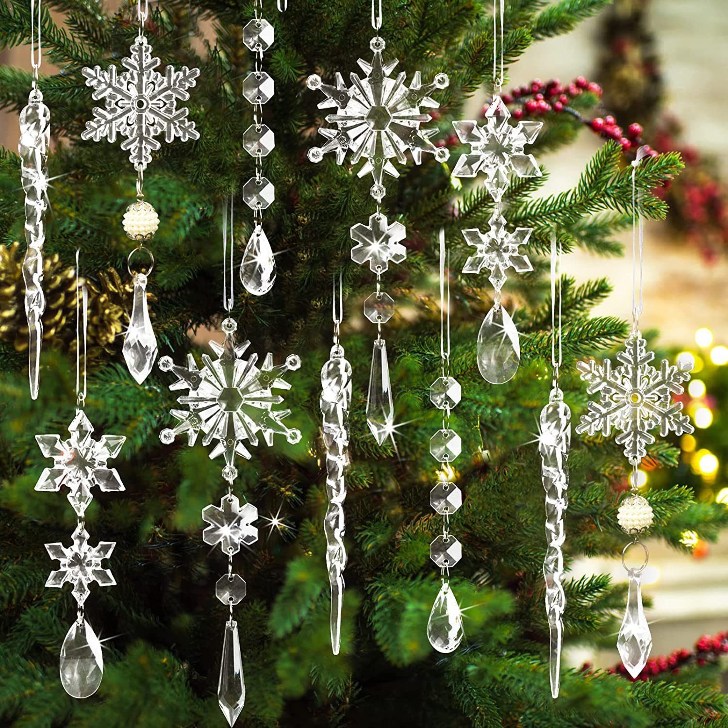 Lamon Christbaumschmuck 10 Stück Weihnachtsbaumschmuck Kristallornamente, hängende Weihnachtsschneeflocken Eiszapfen Tropfen