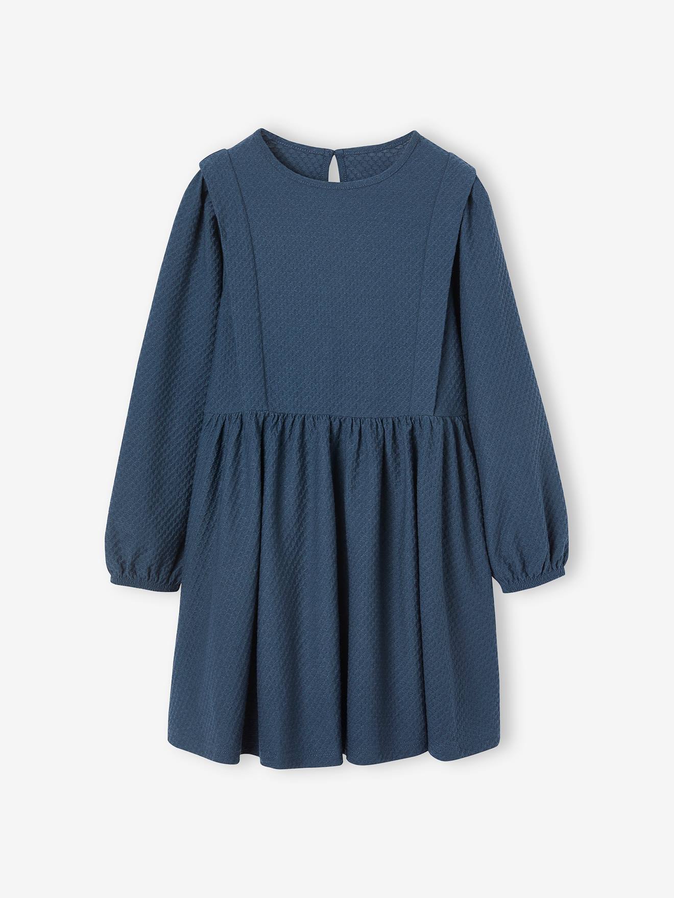 Robe en tissu reliéfé fille manches longues noisette