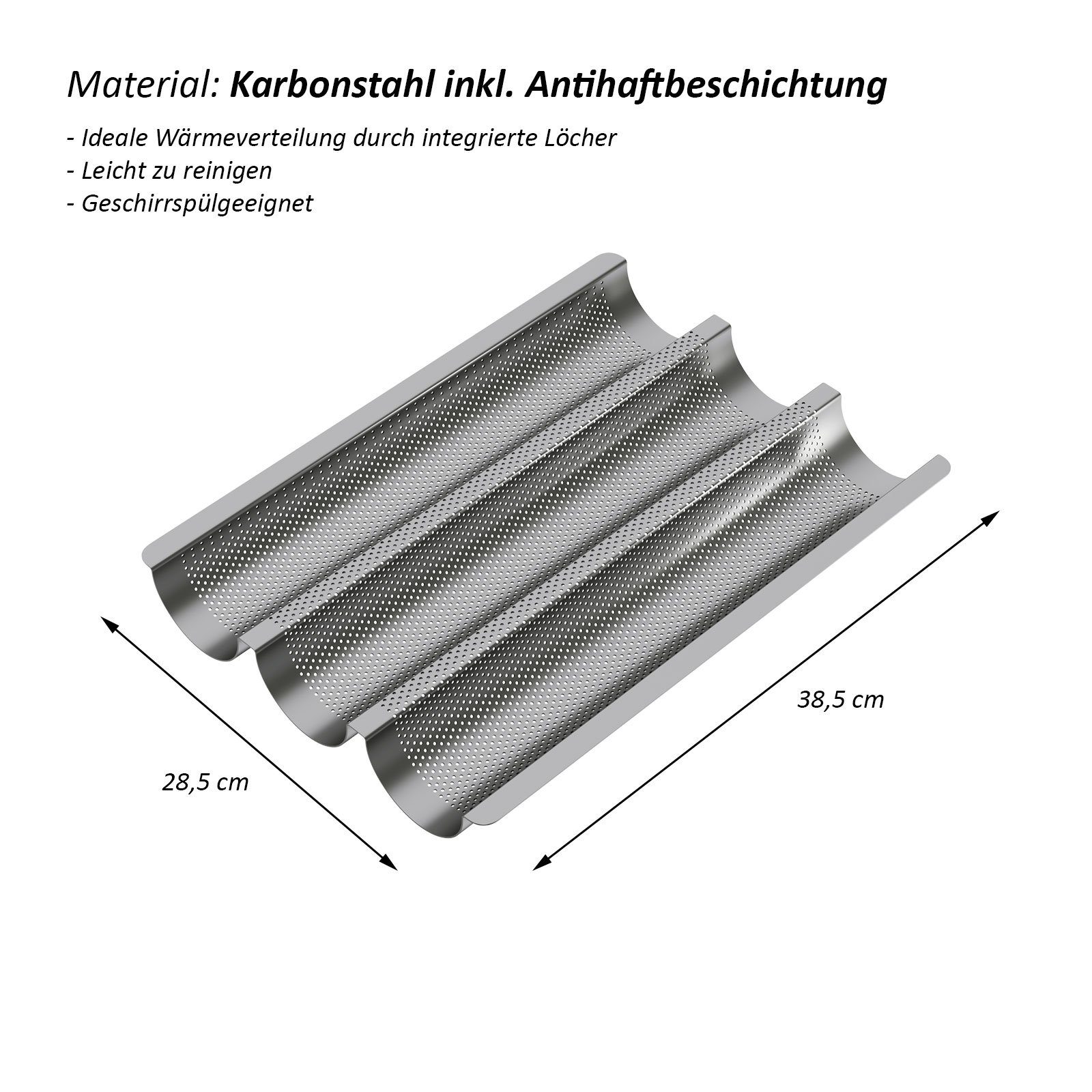 Wellgro Baguetteblech Baguette-Blech - für bis zu 3 Baguettes - Baguetteblech mit Antihaftbeschichtung, Brotform, Baguetteform, Brotbackform, Baguettebackblech, Backform - 38,5 x 28,5 x 4 cm, Karbonstahl