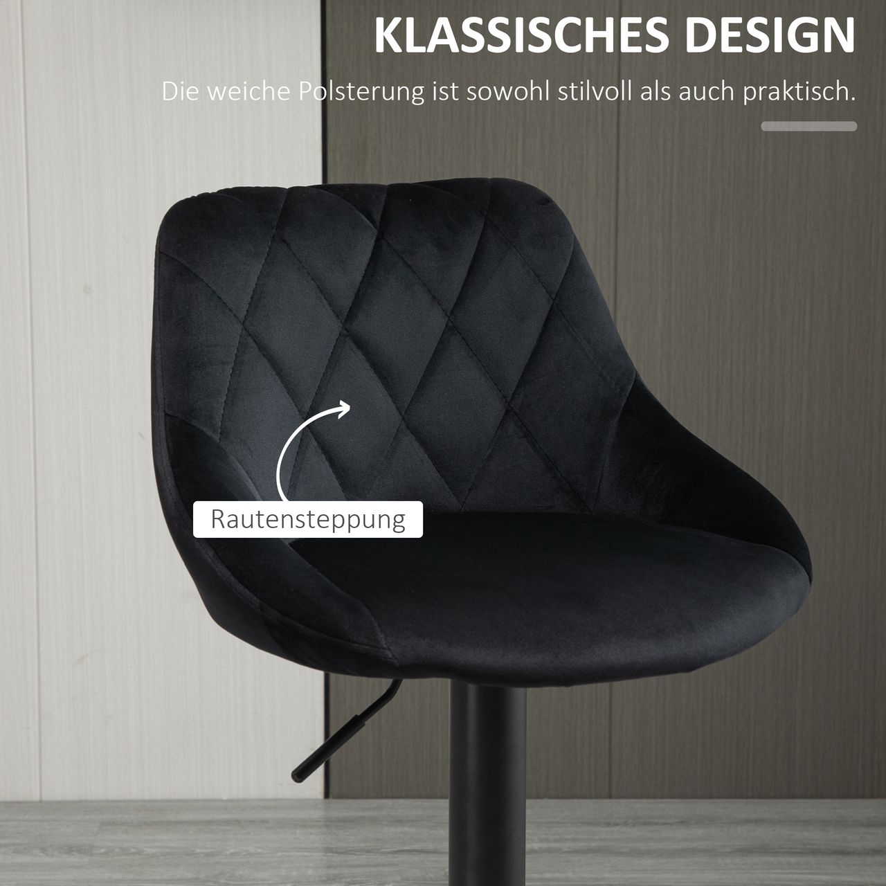 HOMCOM 2er-Set Barhocker, Drehstuhl, höhenverstellbarer Bistrohocker, Barstuhl mit Fußstütze, Rückenlehne, Tresenhocker, Samt, Metall, Schwarz, 46 x 48 x 83-104 cm