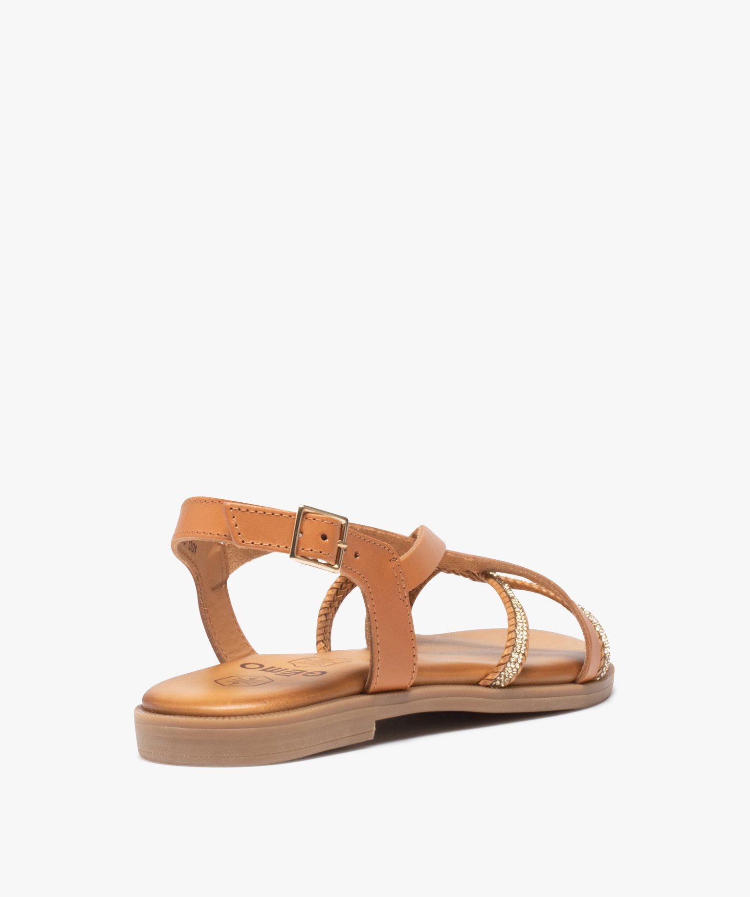 Sandales femme unies en cuir et à strass camel | GEMO