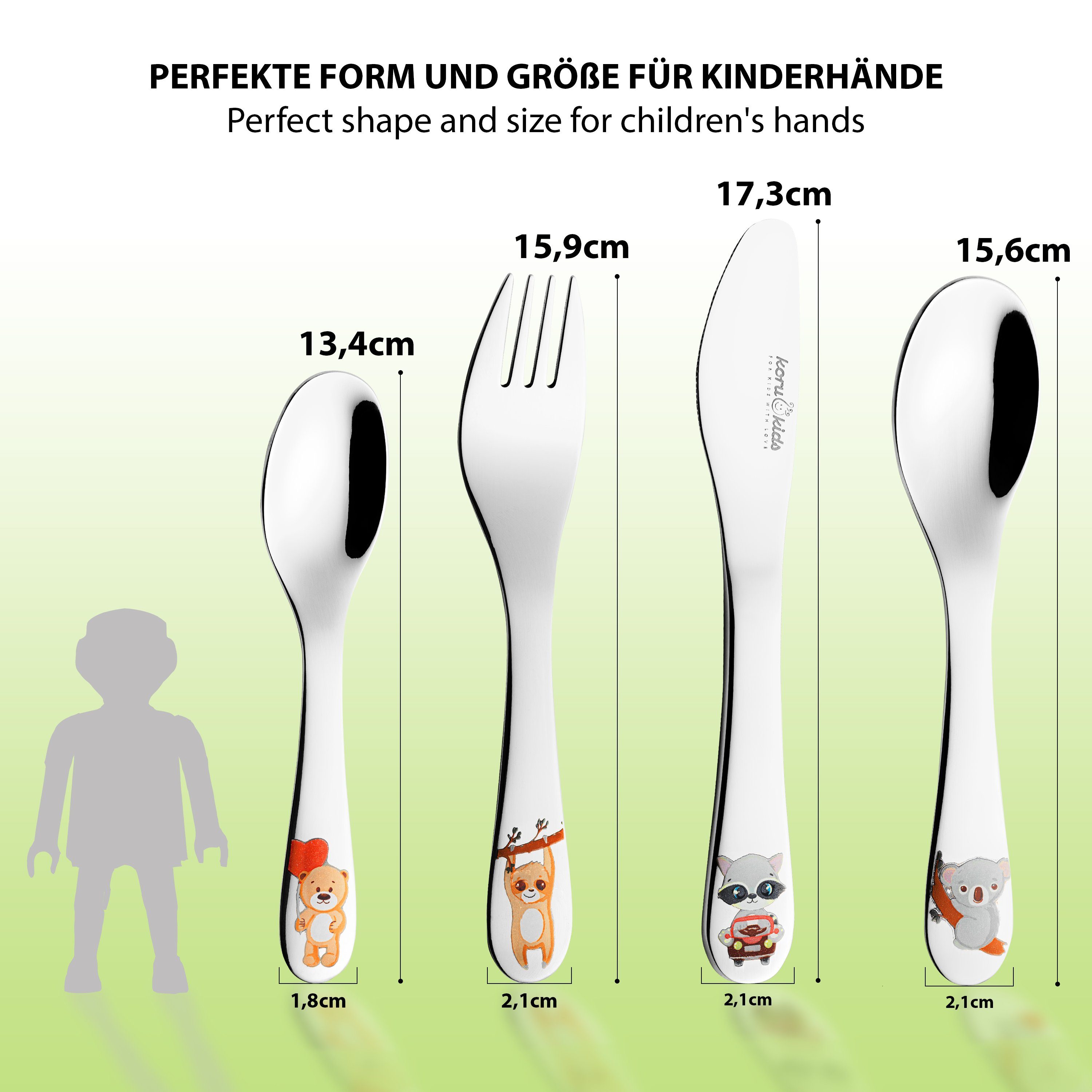 Koru Kids Kinderbesteck - 4-teiliges Set (2 Sets) - Edelstahl, niedliches Design, Kinderbesteck aus Edelstahl, spülmaschinengeeignet