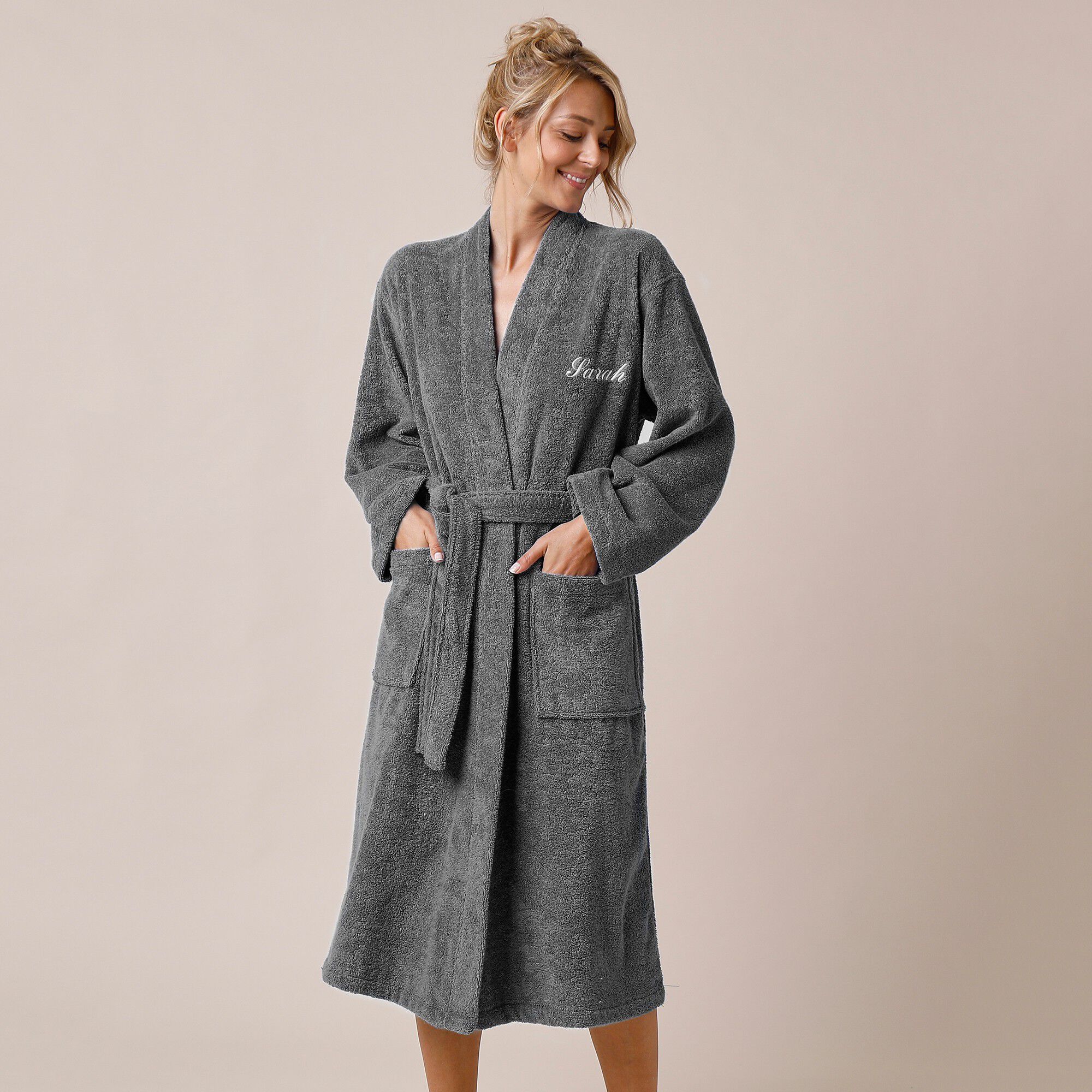 Peignoir mixte adulte uni coton éponge bouclette col kimono personnalisé