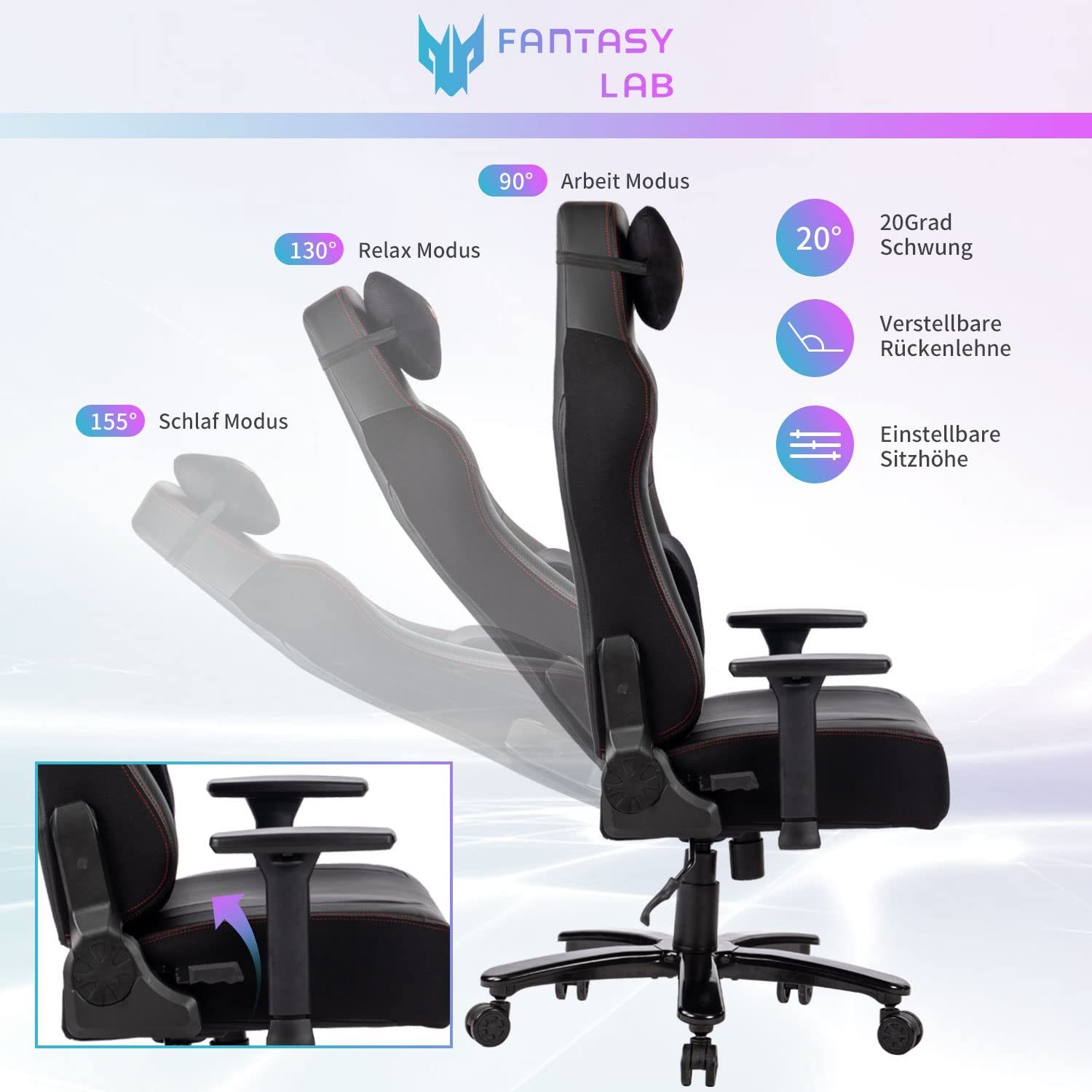 suptek Gaming-Stuhl Ergonomischer XL Gaming Stuhl mit Massagefunktion (180KG Belastbar, Verstellbare 3D-Armlehnen, Große Sitzfläche), Ergonomischer Gaming Sessel, 180 kg Belastbarkeit