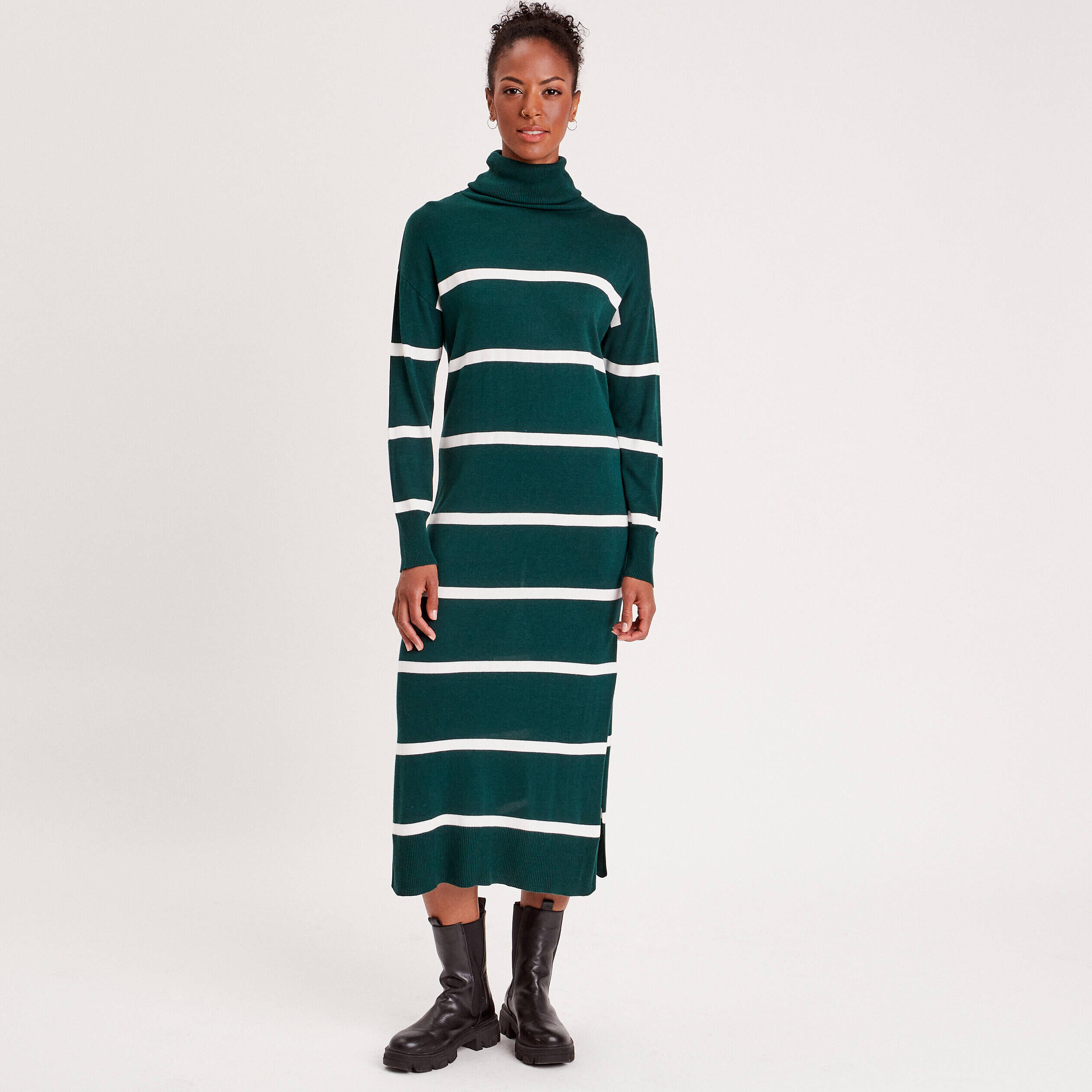 Robe pull longue col roulé vert foncé femme | Cache Cache
