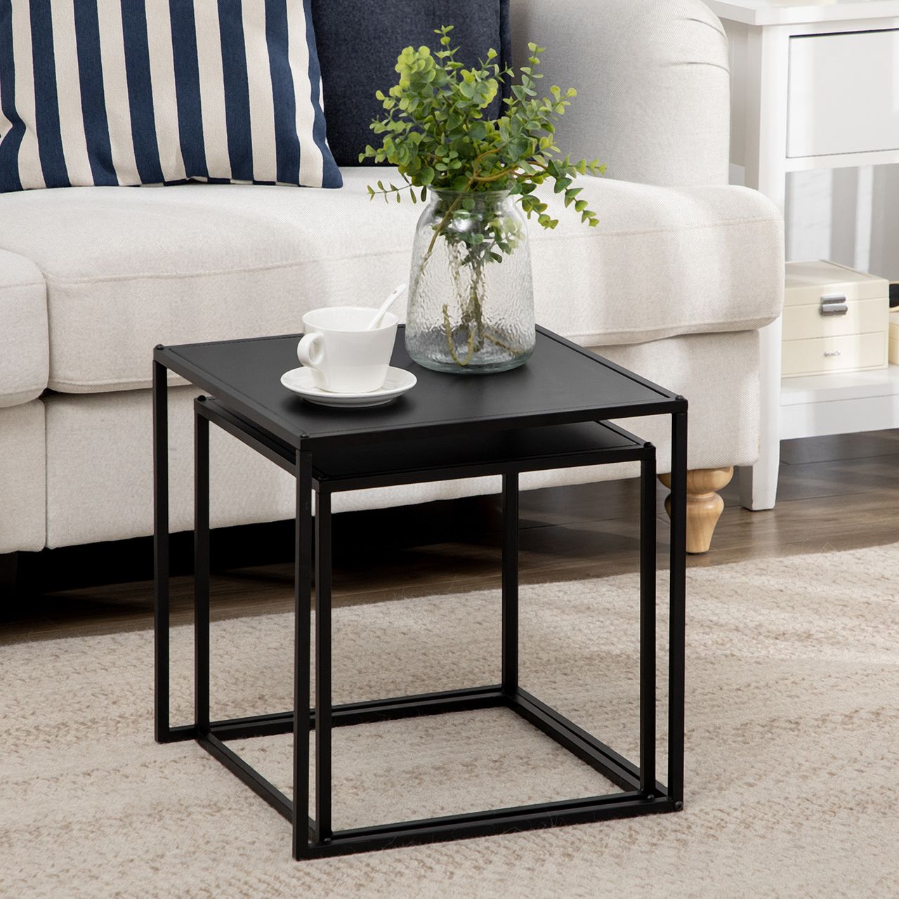 HOMCOM 2er-Set Couchtisch Beistelltisch für Wohnzimmer aus Stahlgestell Schwarz