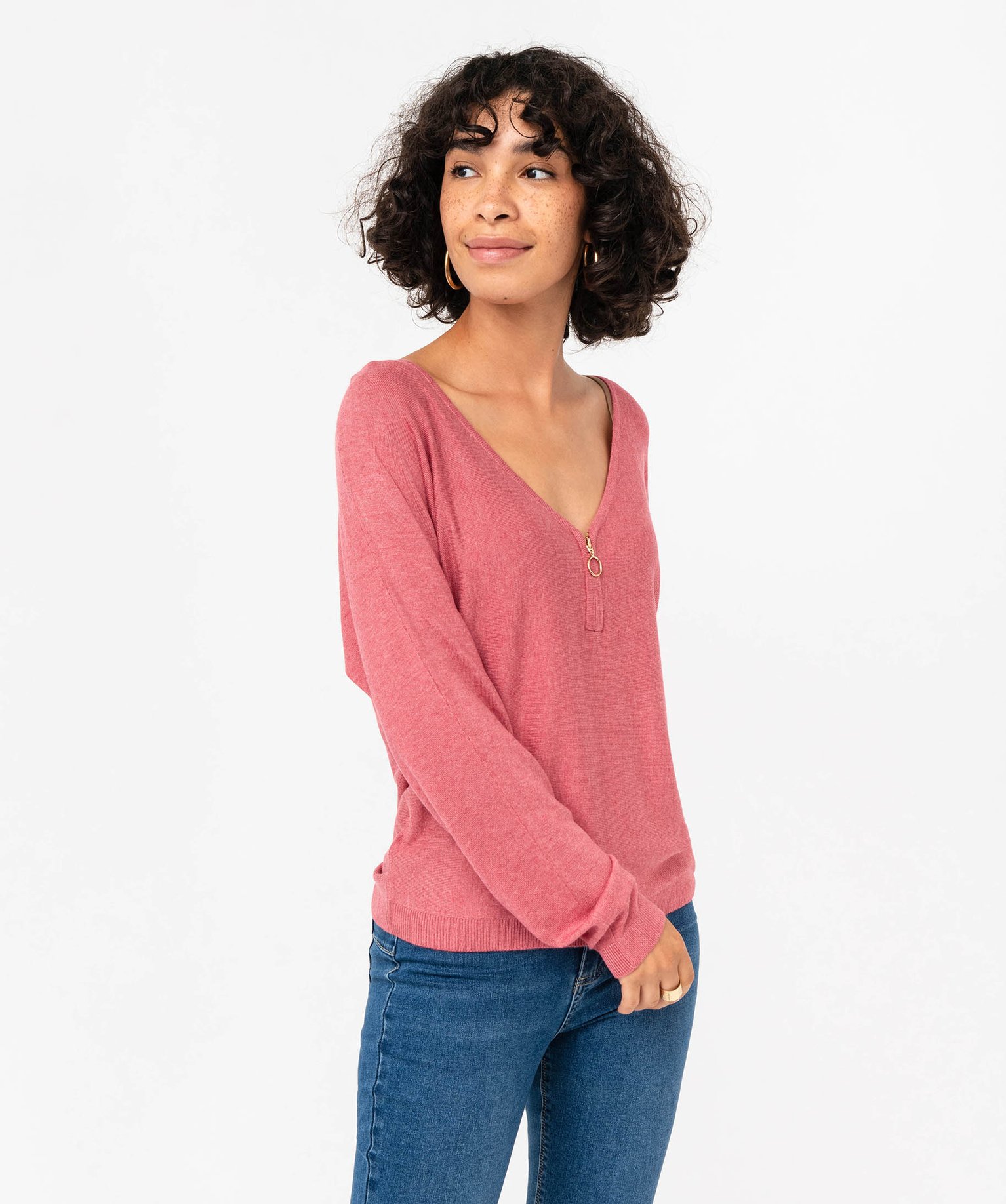 Pull col V zippé et manches chauve-souris femme rose | GEMO
