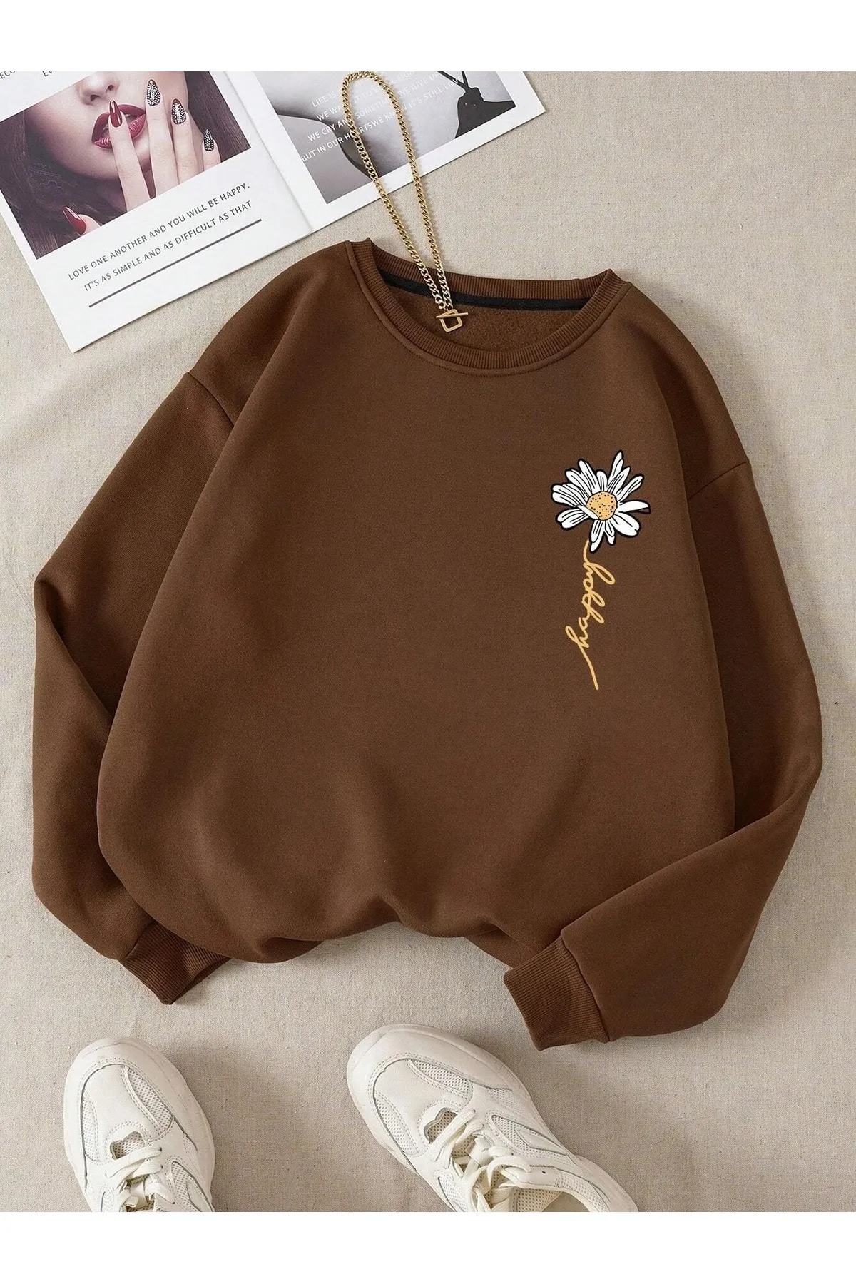 Know  Braunes Damen-Sweatshirt mit Gänseblümchen-Print und Rundhalsausschnitt