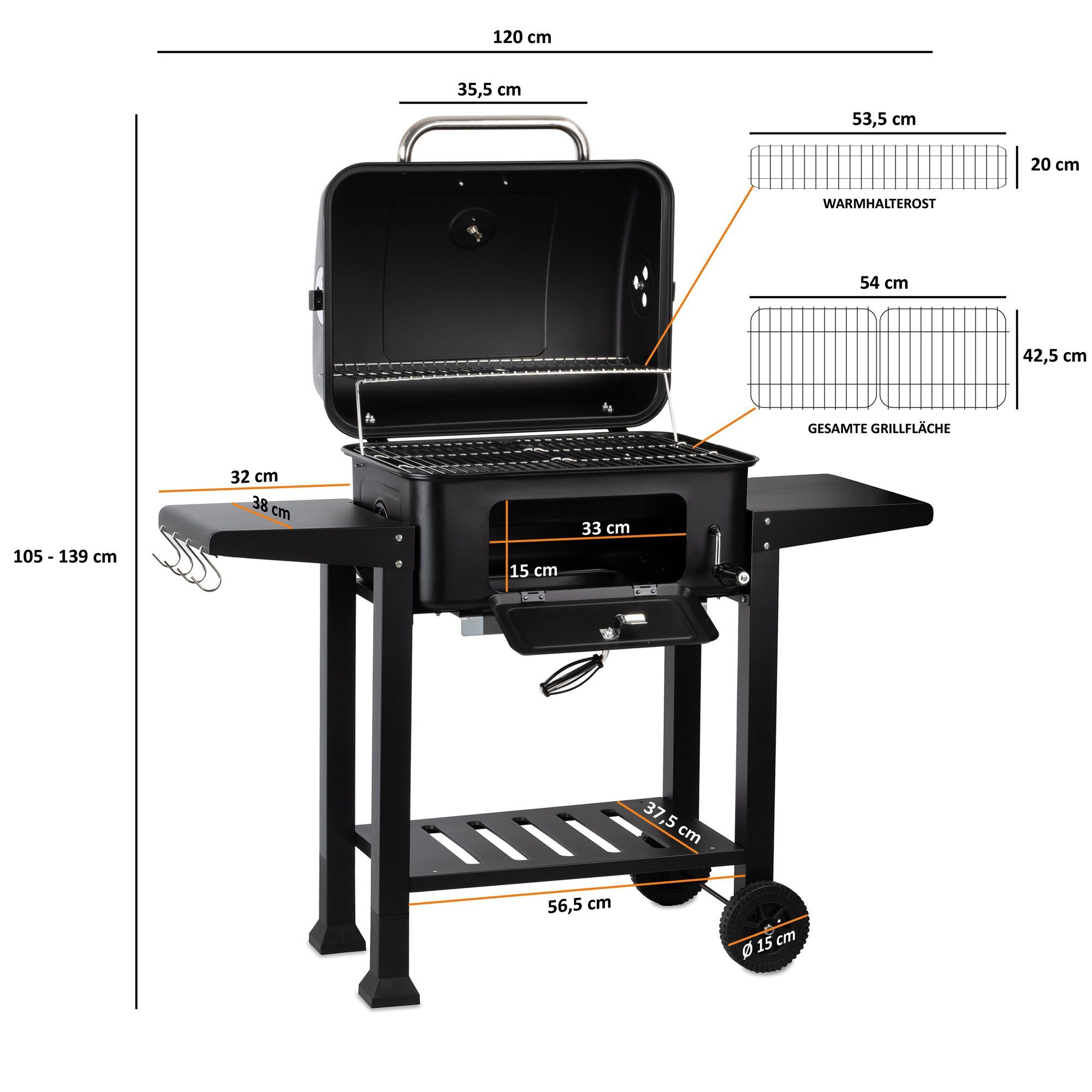 BBQ-Toro Holzkohlegrill Holzkohle Grillwagen mit höhenverstellbarer Kohleschale, Holzgrill