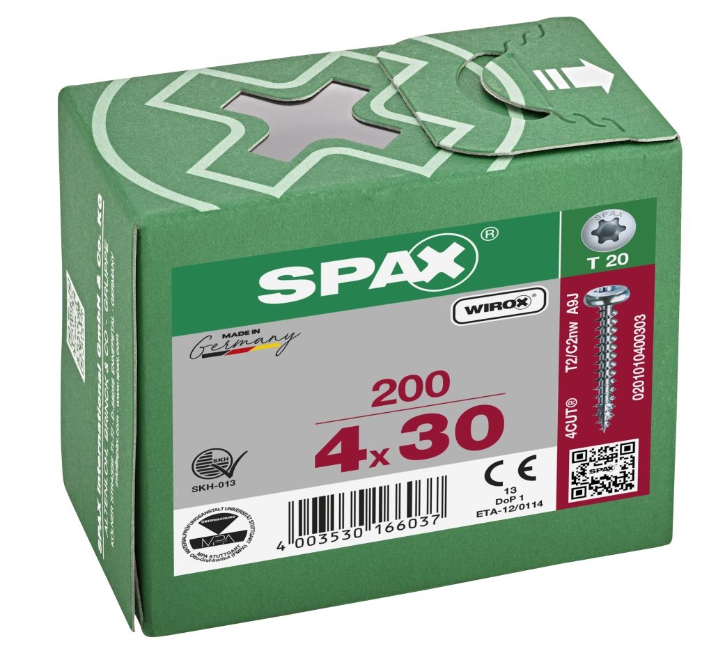 SPAX 0201010400303 Universalschraube 4 x 30 mm, Vollgewinde, Rundkopf, T-STAR plus T20 – 200 Stück