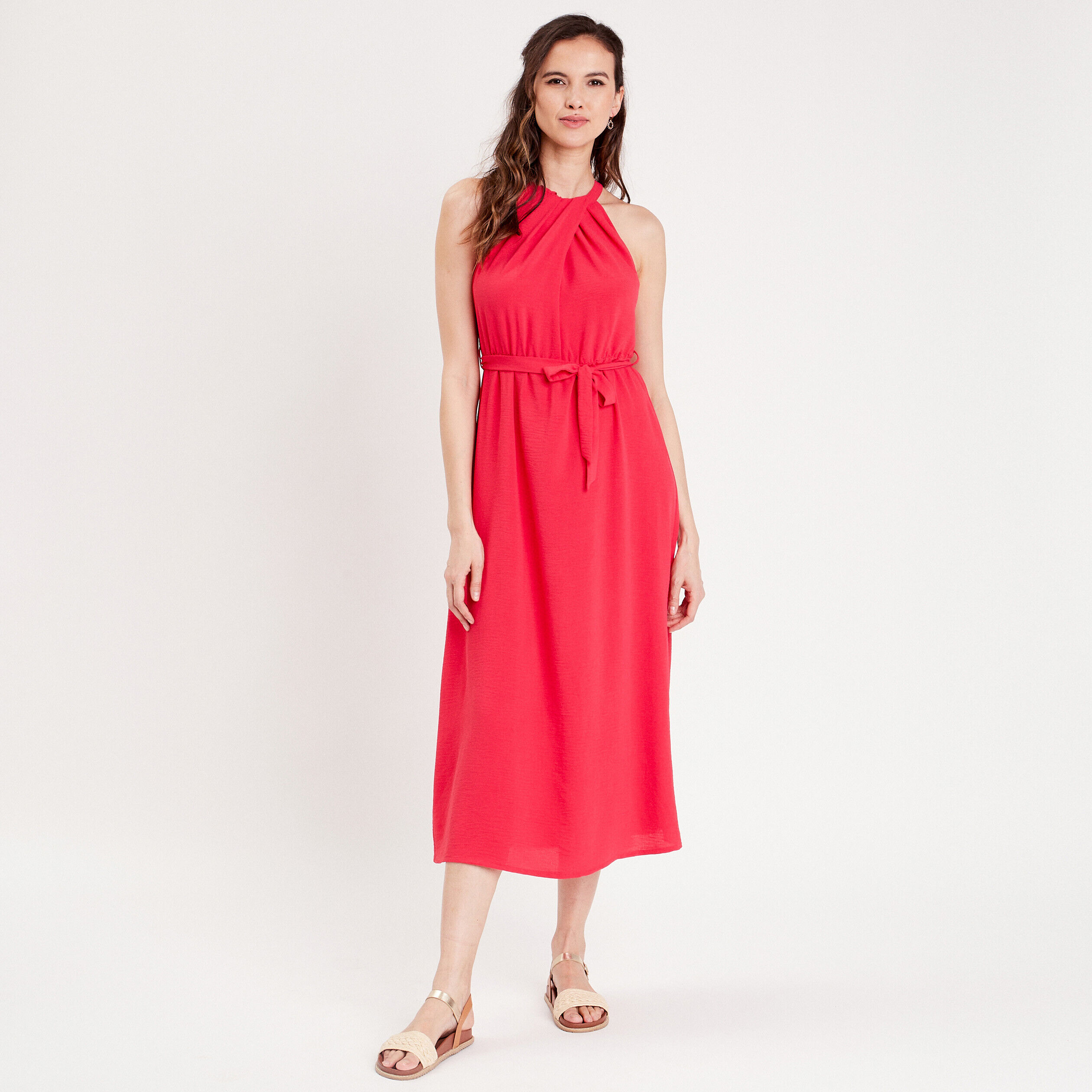 Robe longue droite drapée rose vif femme | Cache Cache