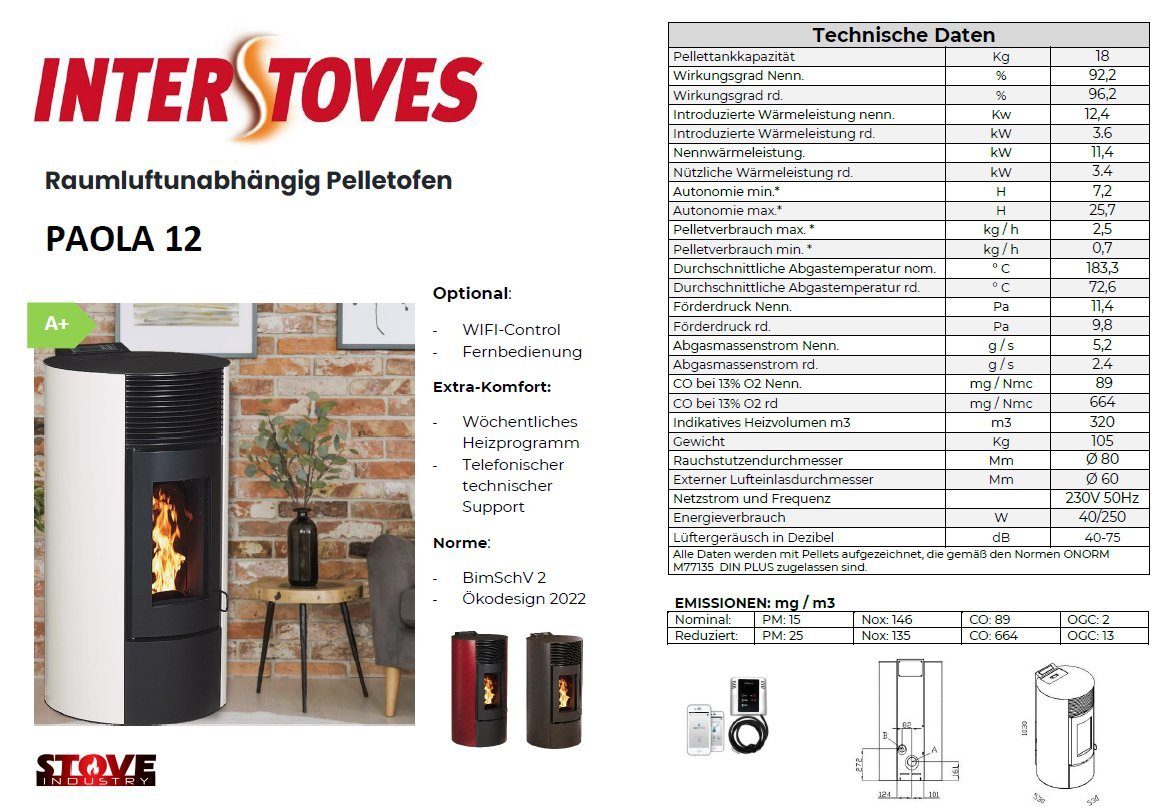 interstoves Pelletofen Pelletofen Paola 12, 11,40 kW, Pelletofen, Wochenprogramm programmierbar