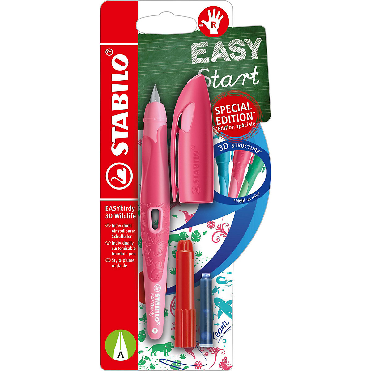 Schulfüller EASYbirdy Rechtshänder A-Feder 3D Wildlife Special Edition rosa, inkl. Patrone und Einstellwerkzeug
