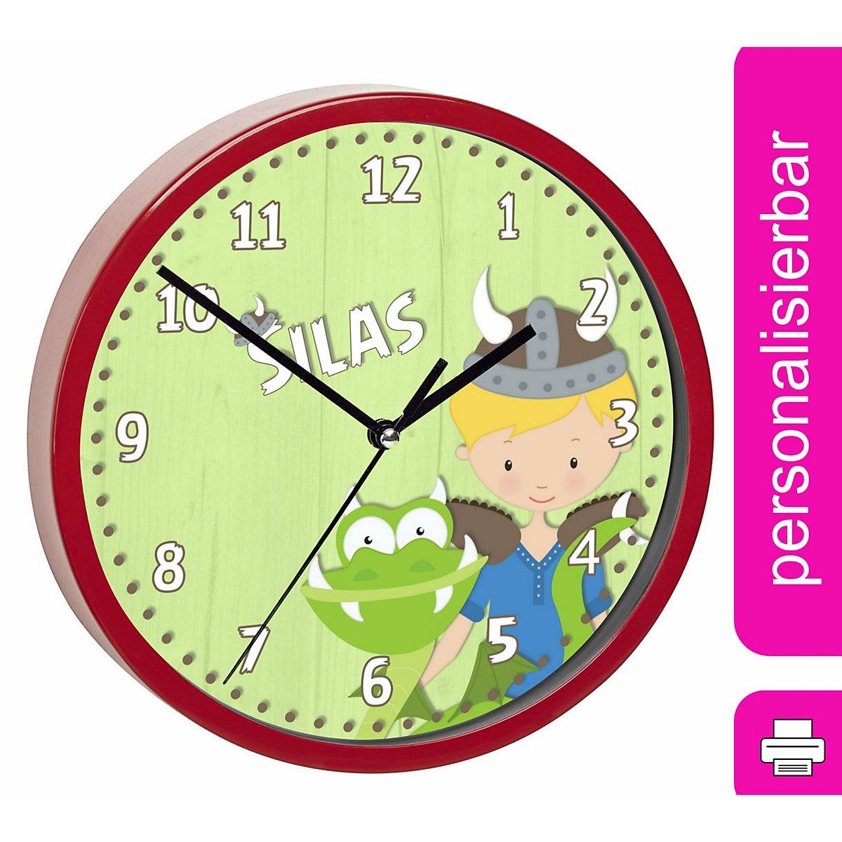 Kinder Wanduhr laufruhig personalisiert mit Name Wikinger