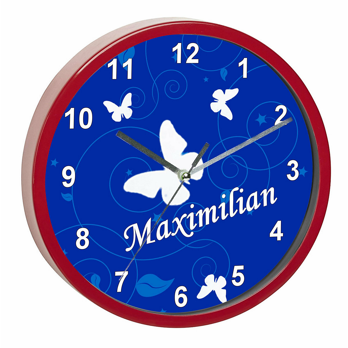 Kinder Wanduhr personalisiert mit Name Schmetterling Ornamente blau