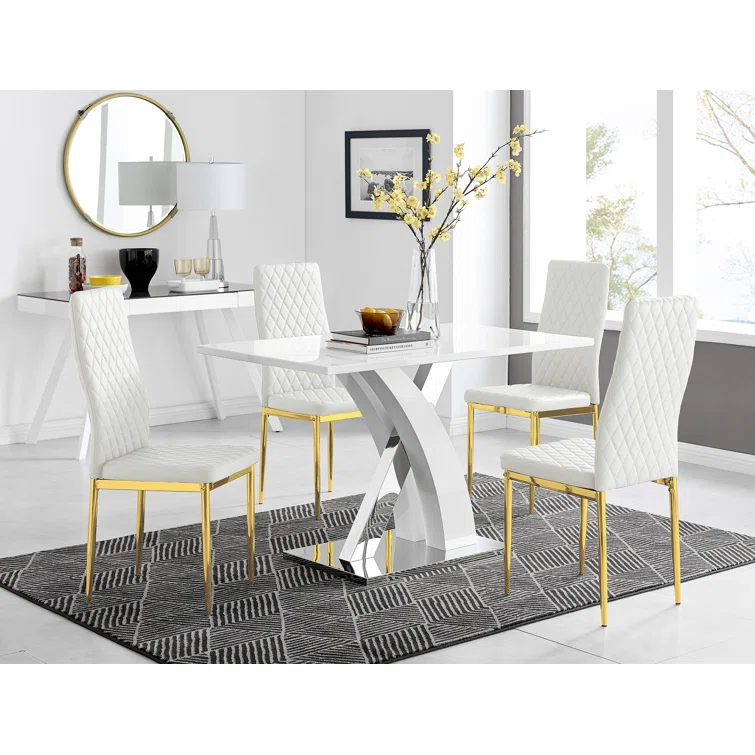 White High Gloss Dining Table Set with 4 Luxury Faux Leather Dining Chairs