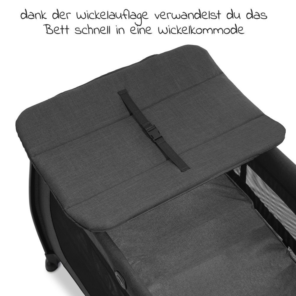Hauck Baby-Reisebett Play'n Relax Center - Melange Black, 7-tlg., Kinderreisebett mit Matratze, Insektenschutz, Wickelauflage, Einhang