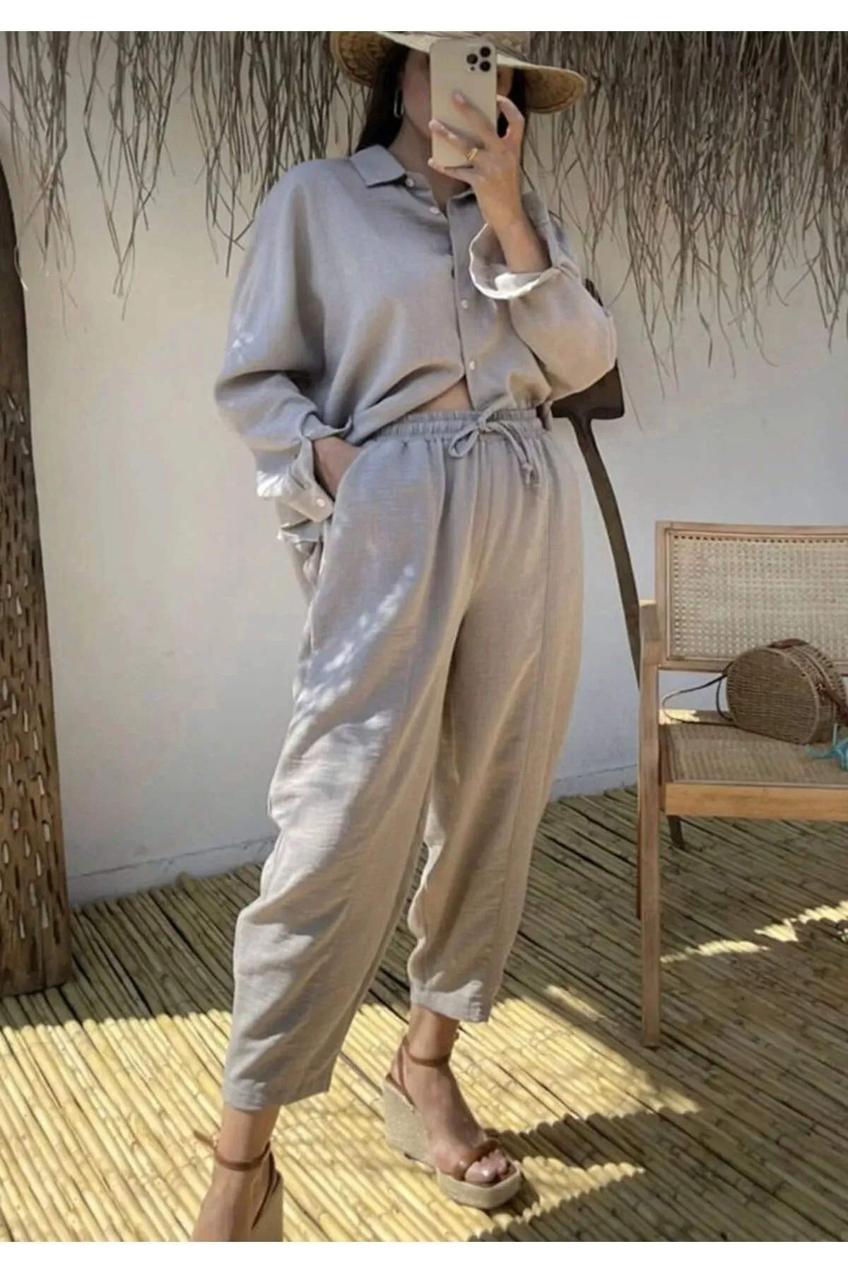Laluvia  Set aus grauem Premium-Leinenhemd, Shalwar-Hose, Oberteil und Unterteil