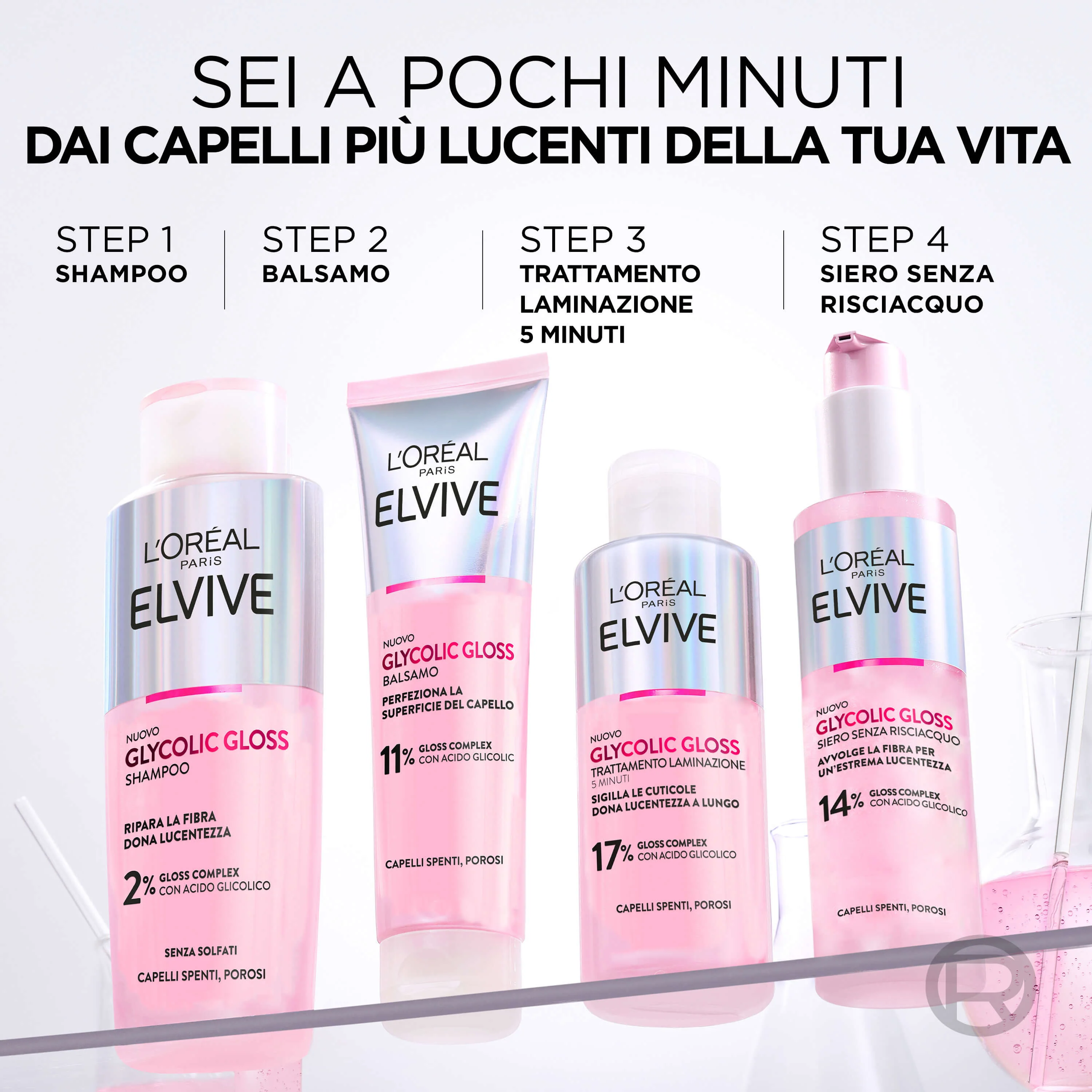 Elvive Glycolic Gloss 5 minūšu laminēšanas procedūra ar glikolskābi - matu spīdums, izgaismojoša matu maska